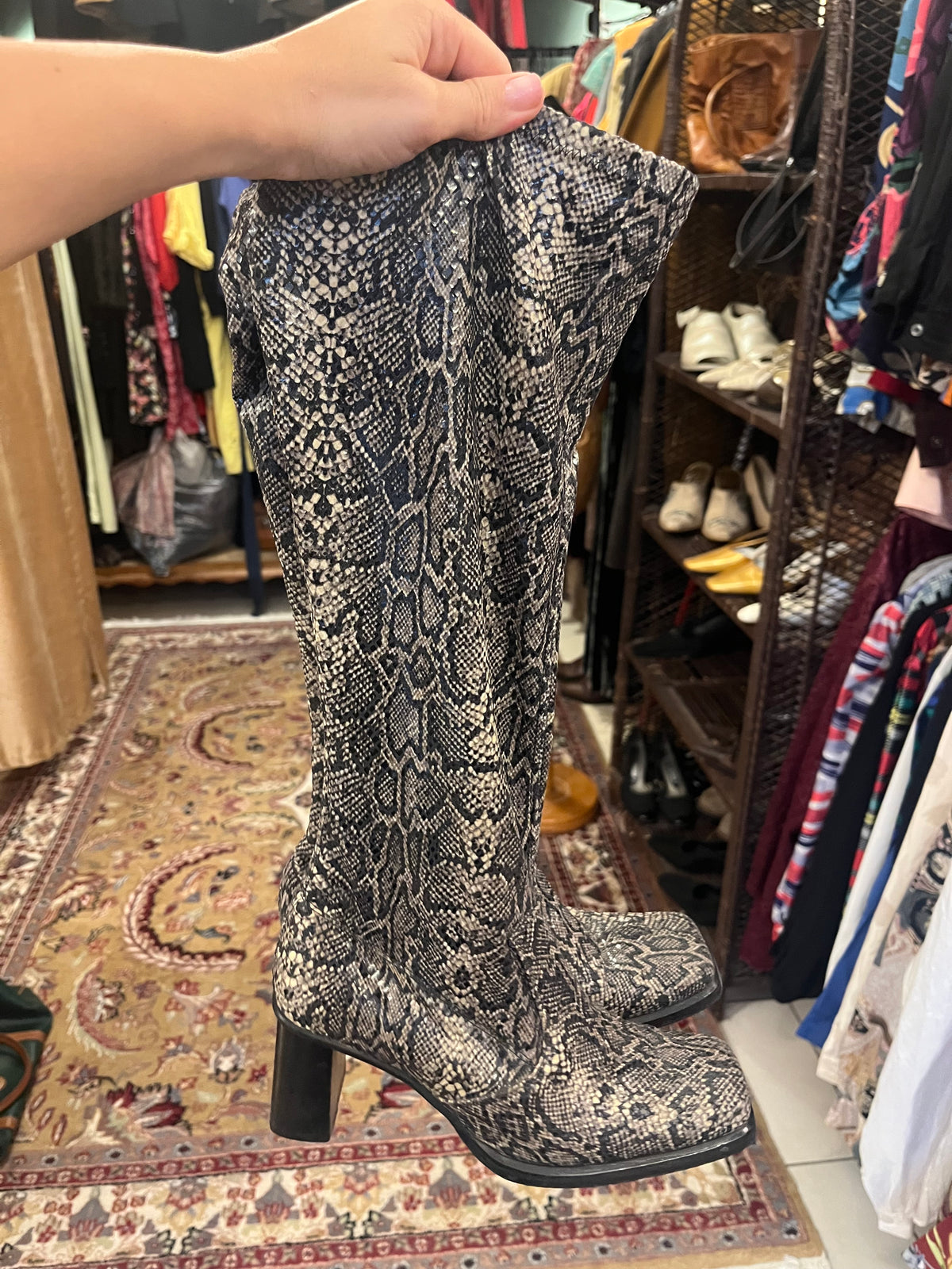 90s squared snake print boots