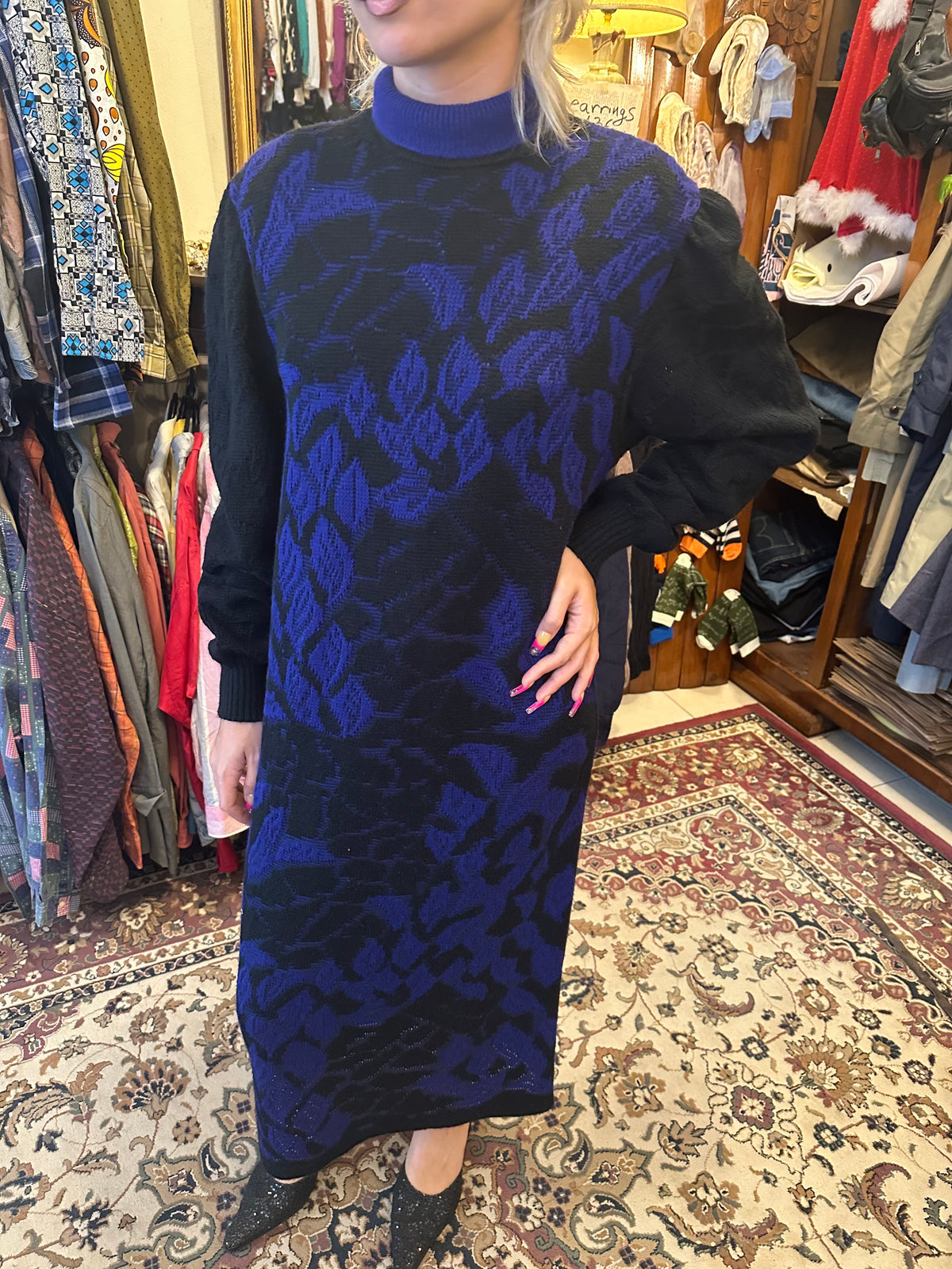 Blue and Black Maxi Sweater Dress