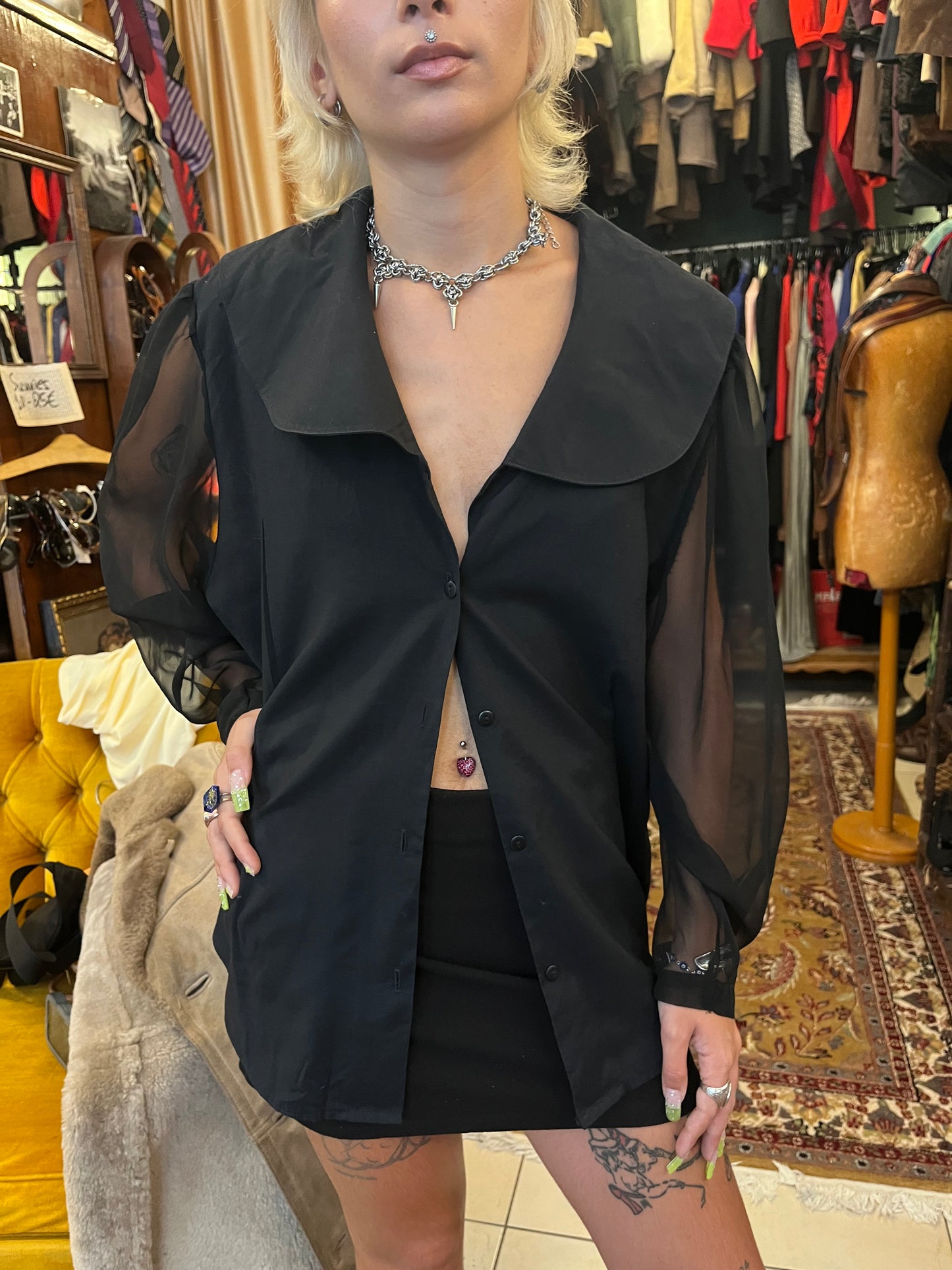 Vintage button up collared shirt with see through sleeve