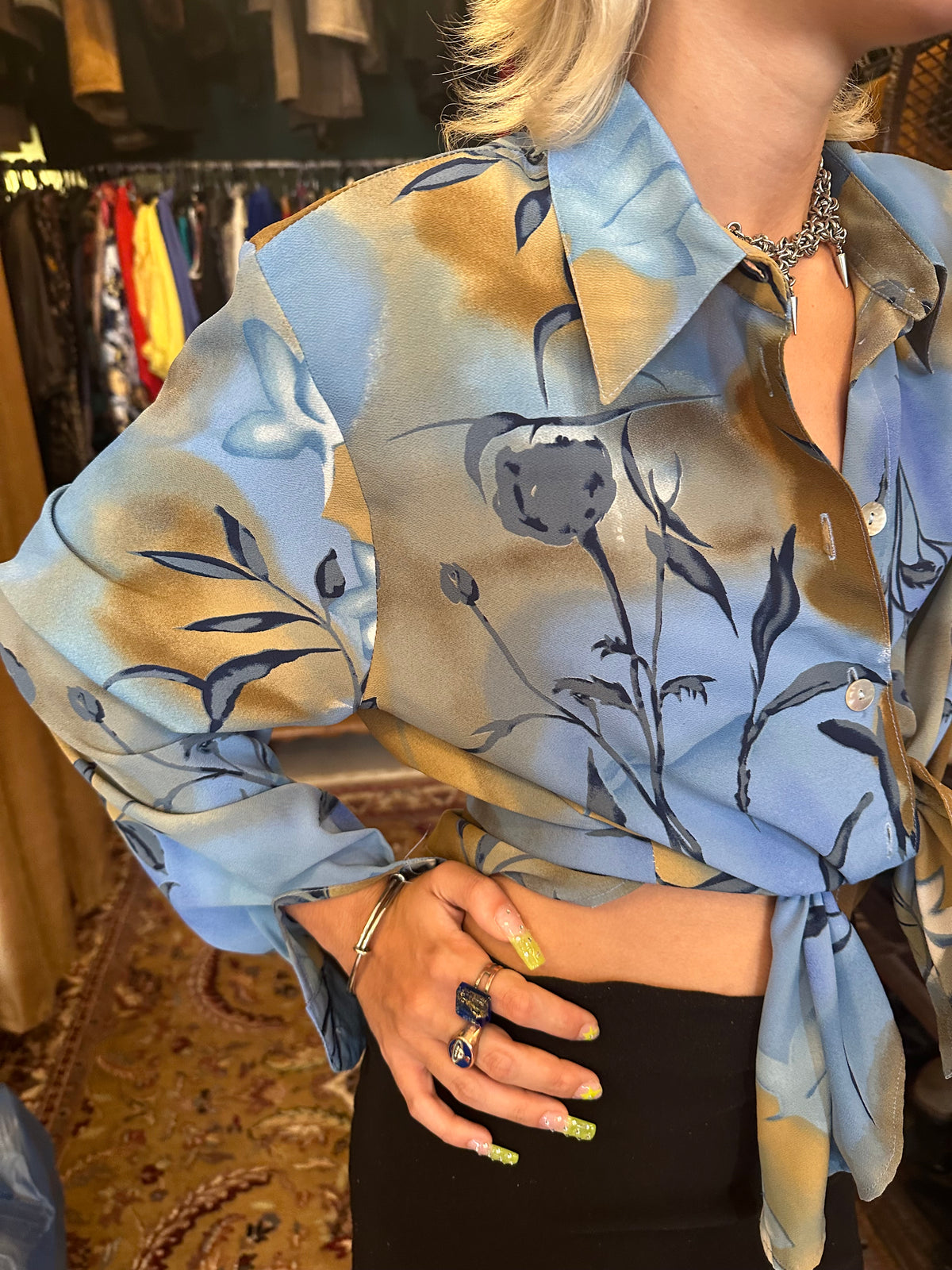 Vintage Floral Print Blue and Gold Shirt