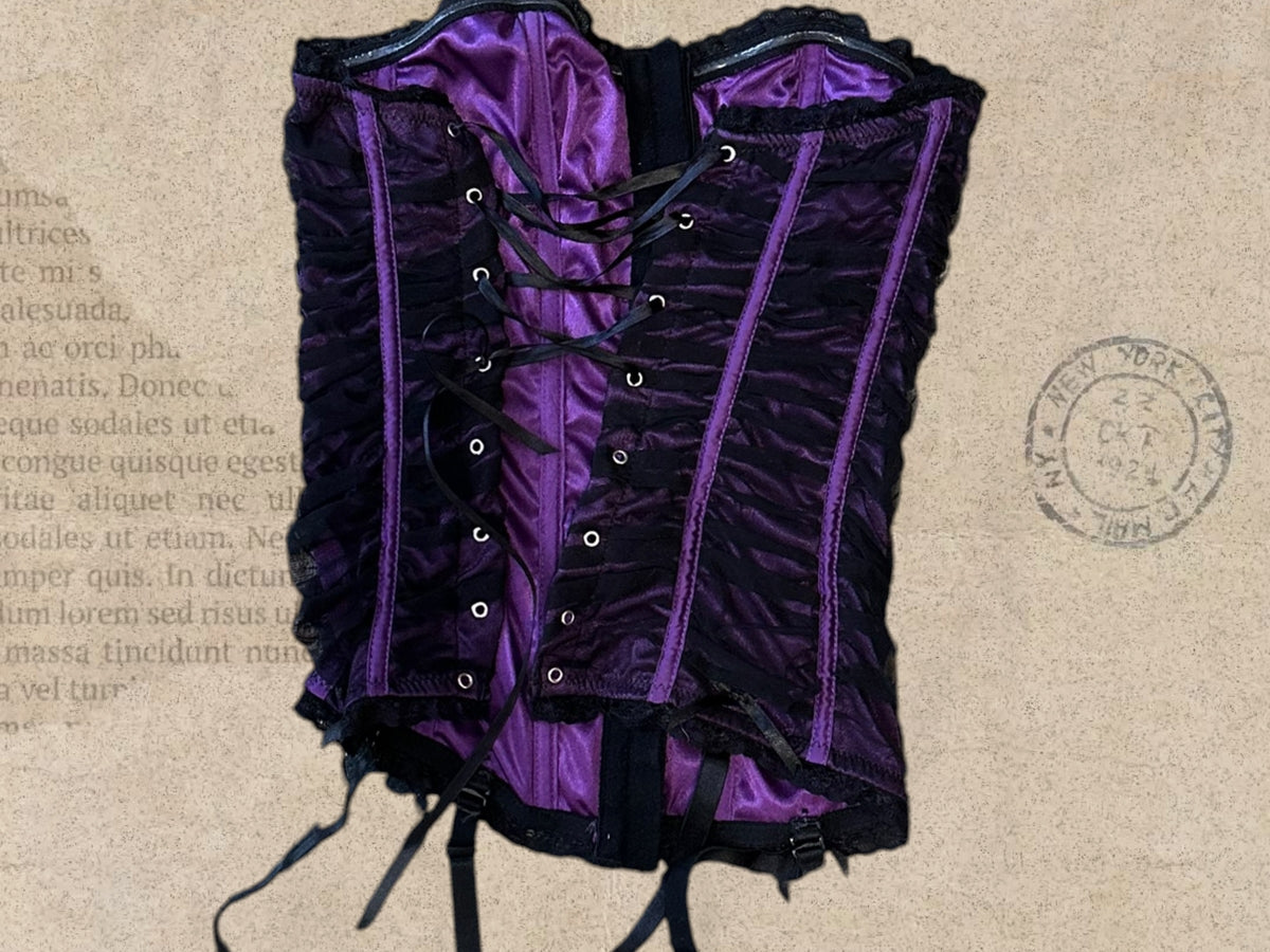 Gothic purple corset with black mesh detailing. Features adjustable lace-up back and garter straps with bows. A bold Victorian-inspired statement piece.