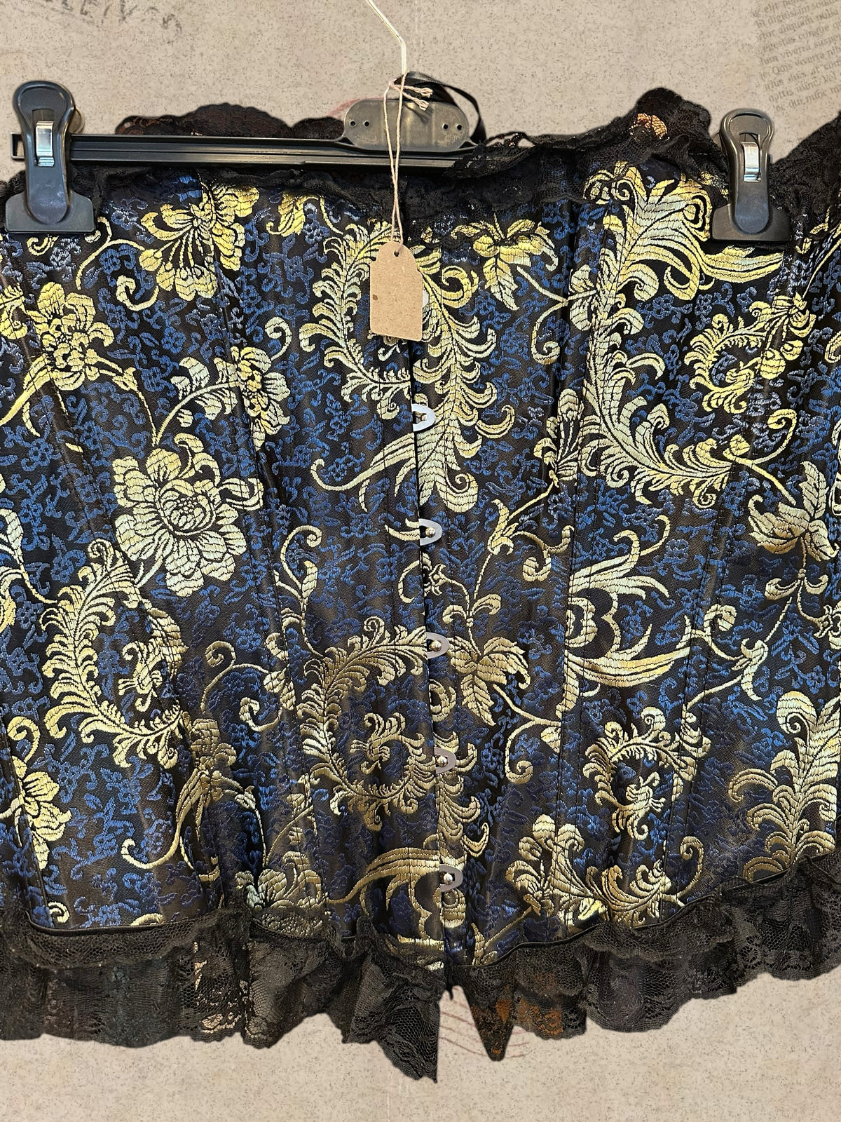 Victorian navy corset with gold brocade and black lace. Adjustable satin lace-up design. A timeless gothic statement piece