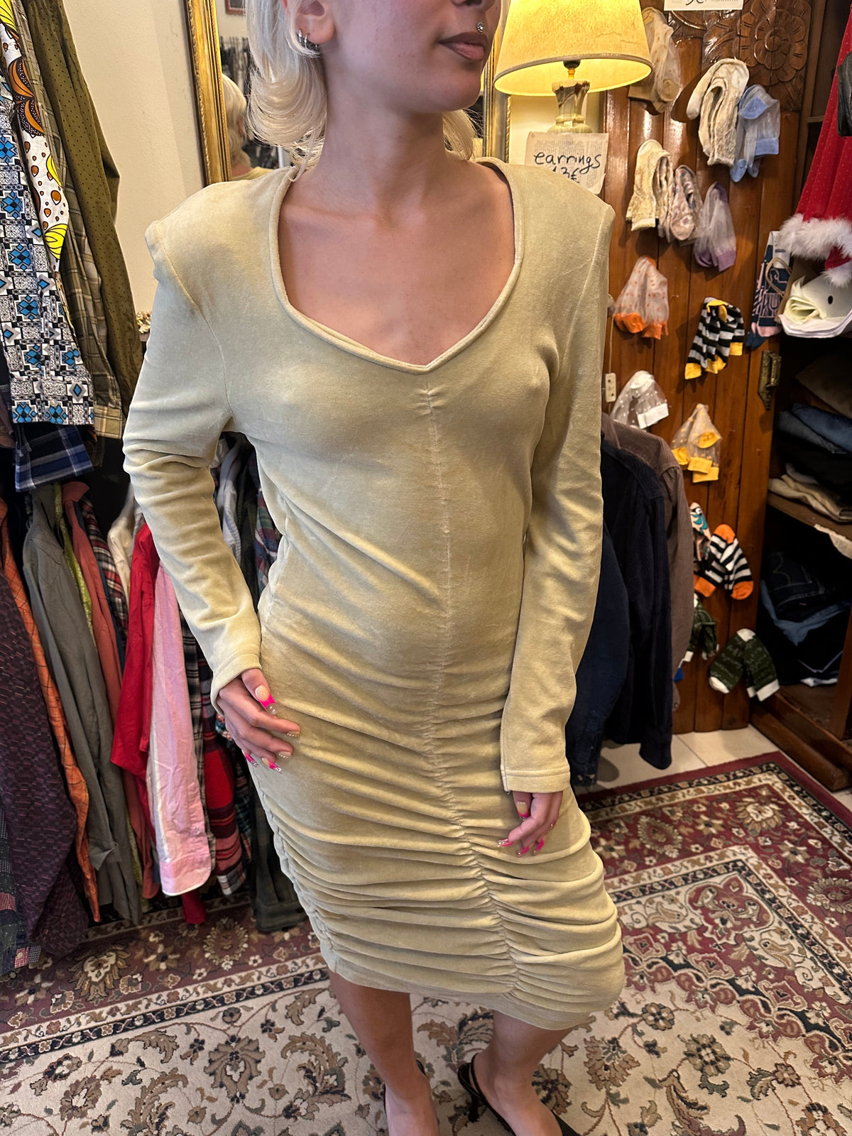Beige Velvet Dress Midi Vintage Dress