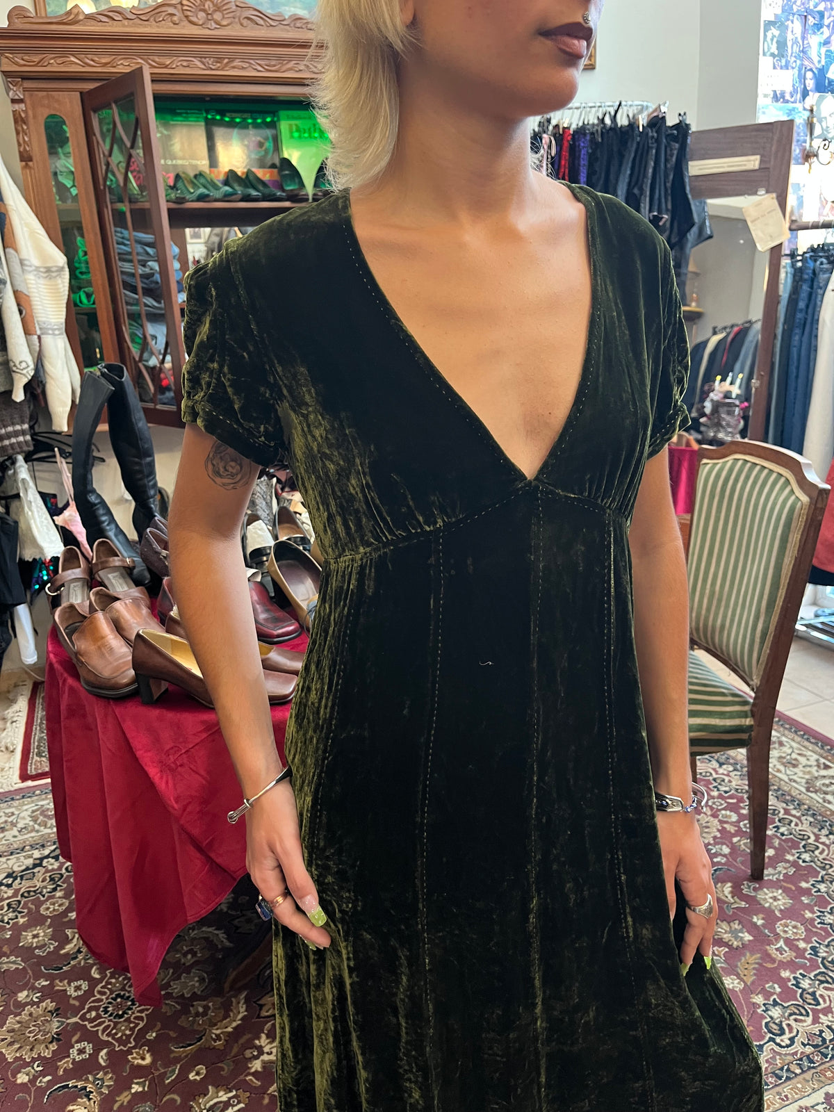Vintage dark olive Victorian dress