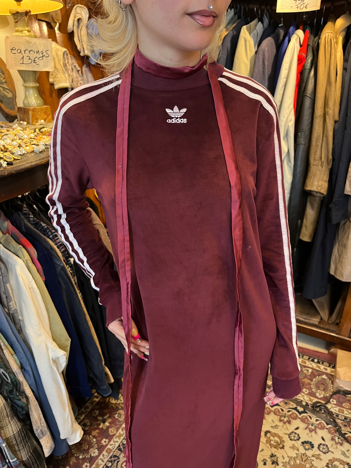 Vintage Adidas maxi dress in deep burgundy velvet, featuring the iconic three stripes and embroidered Trefoil logo.
