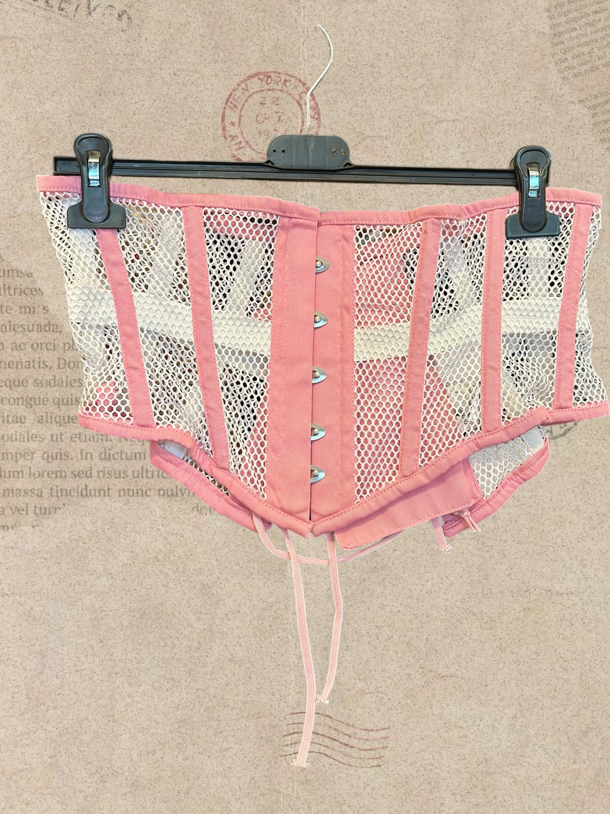 Pink and white mesh corset with floral details. Front hook closures and lace-up back. Cute, romantic style.