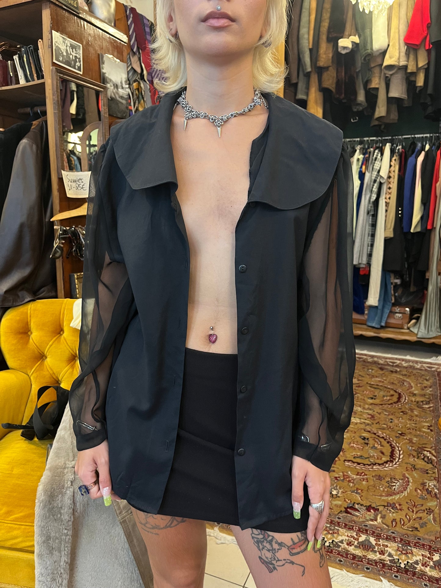 Vintage button up collared shirt with see through sleeve