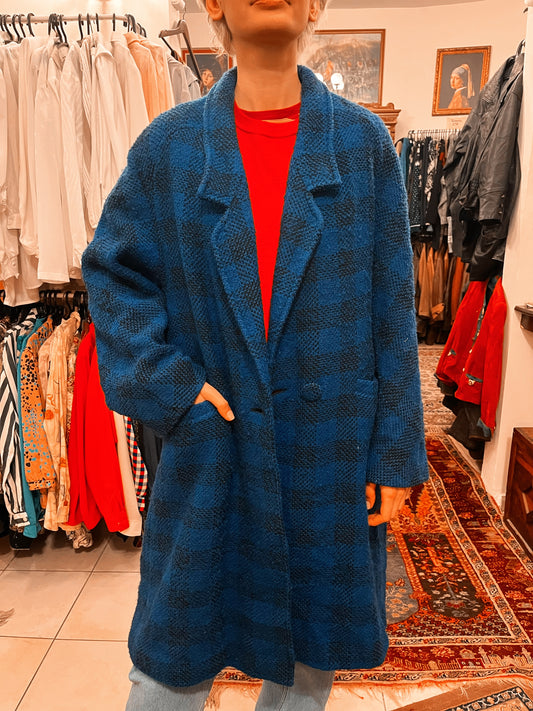 Pure wool one button collared plaid blue coat .Fits best L/XL