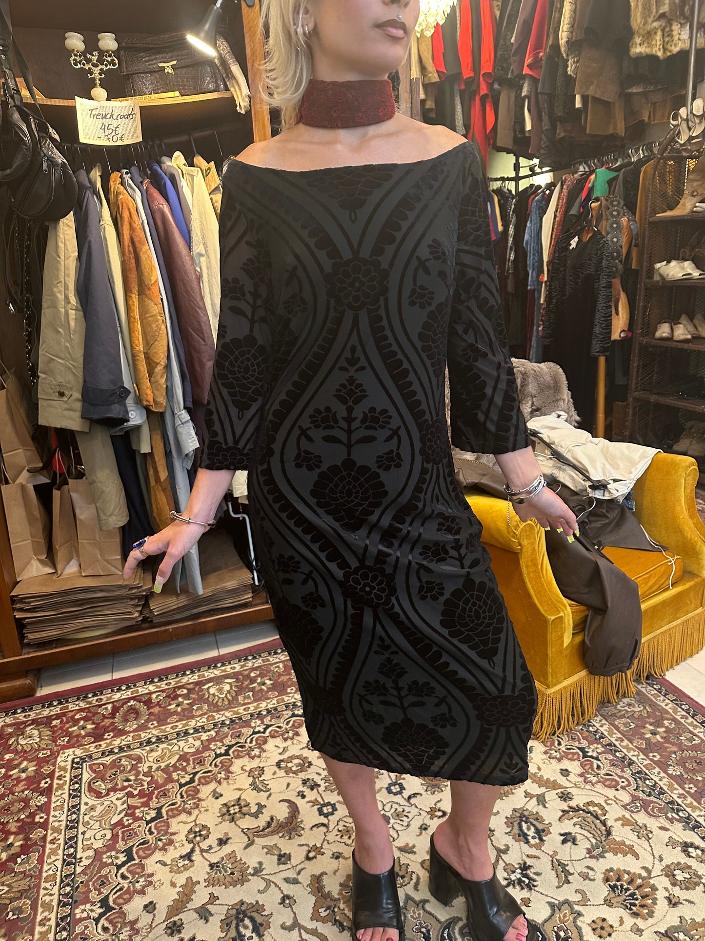 Vintage off shoulder patterned balck dress