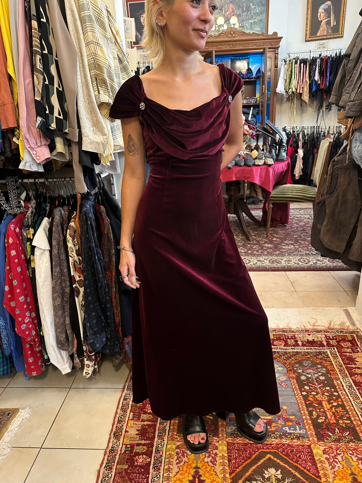 Vintage Maxi Velvet Wine Red Dress