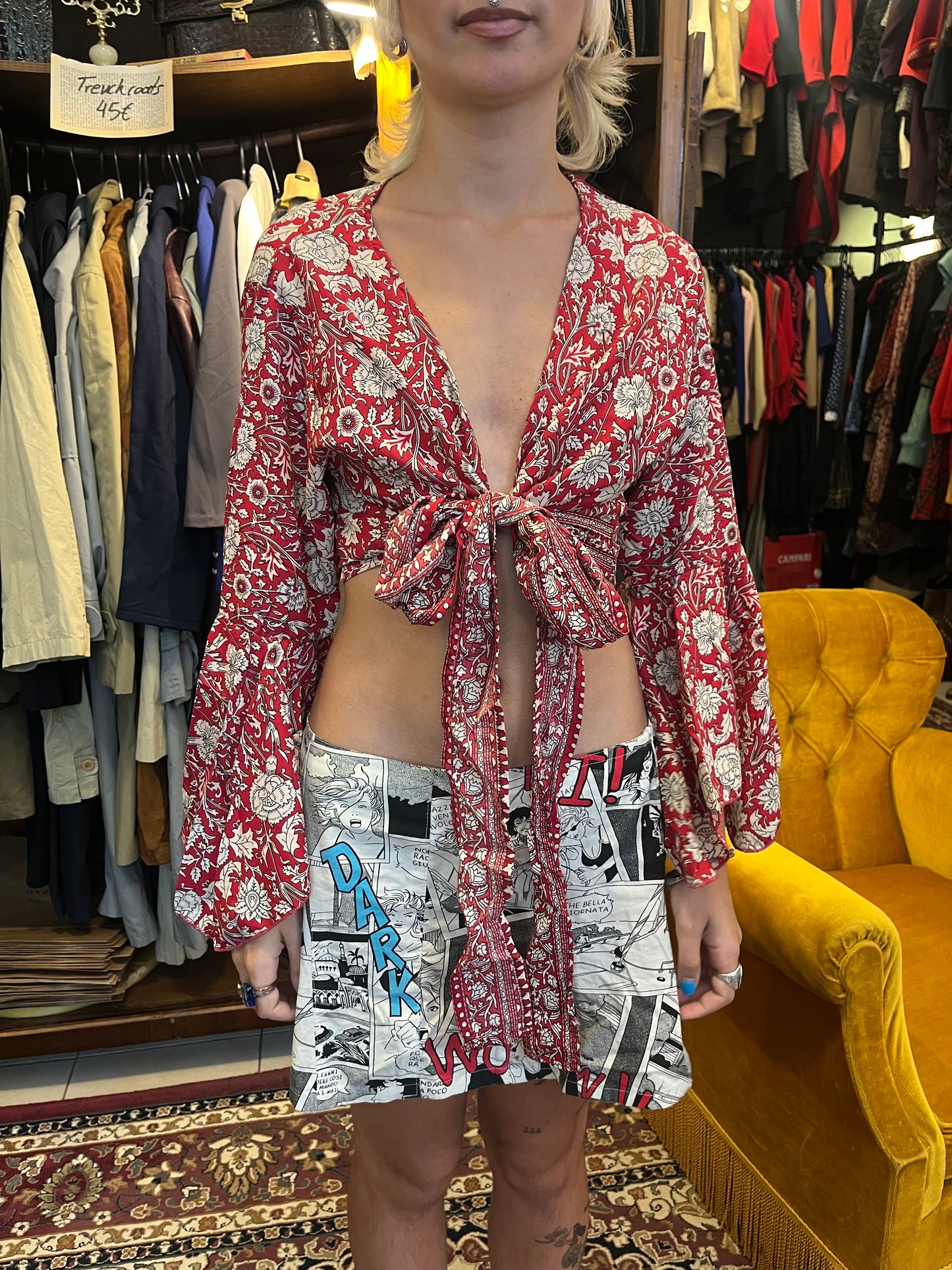 70s tie up crop bell sleeved top