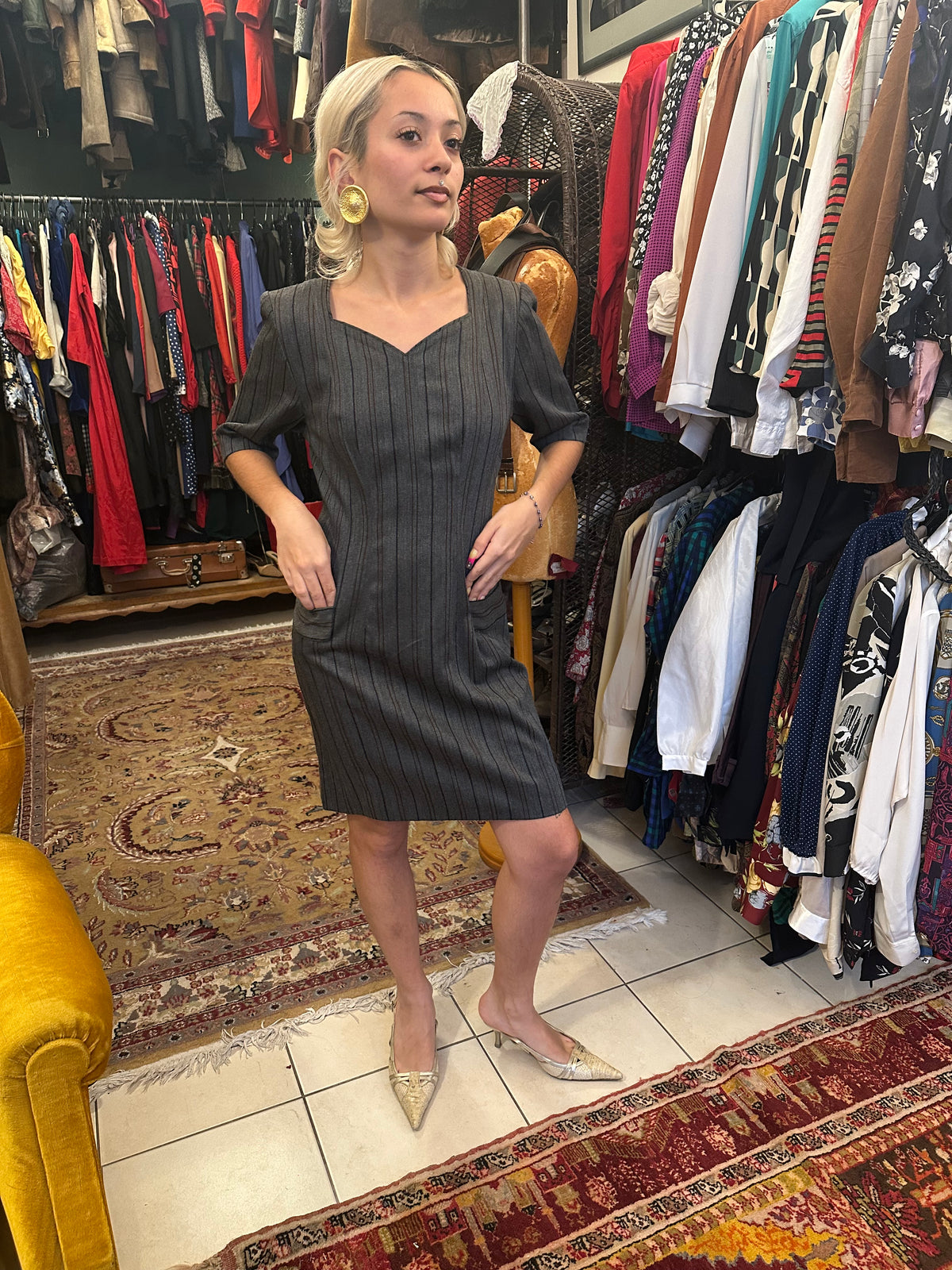 Grey Striped Vintage Dress with Pockets
