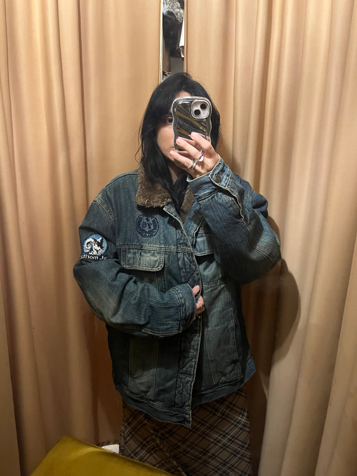 90s denim jacket with eco fur lining (super warm )