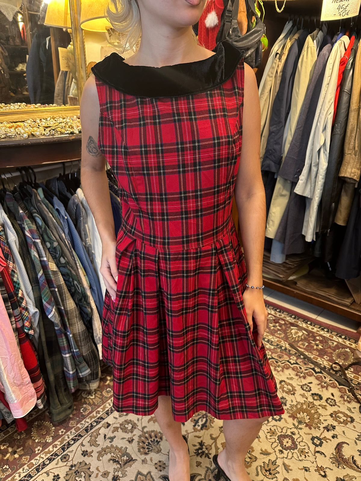 Sleeveless Midi Red Plaid Vintage Dress