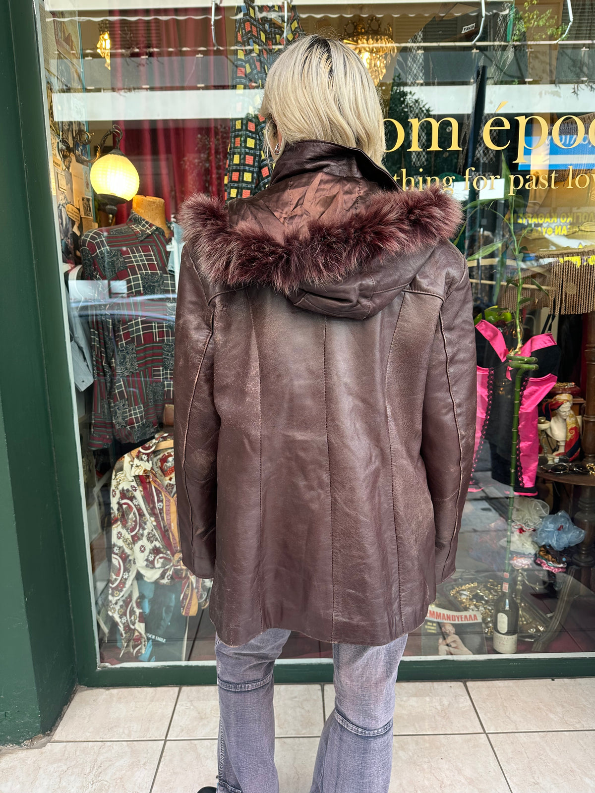 Brown Leather Jacket with Fur Hood