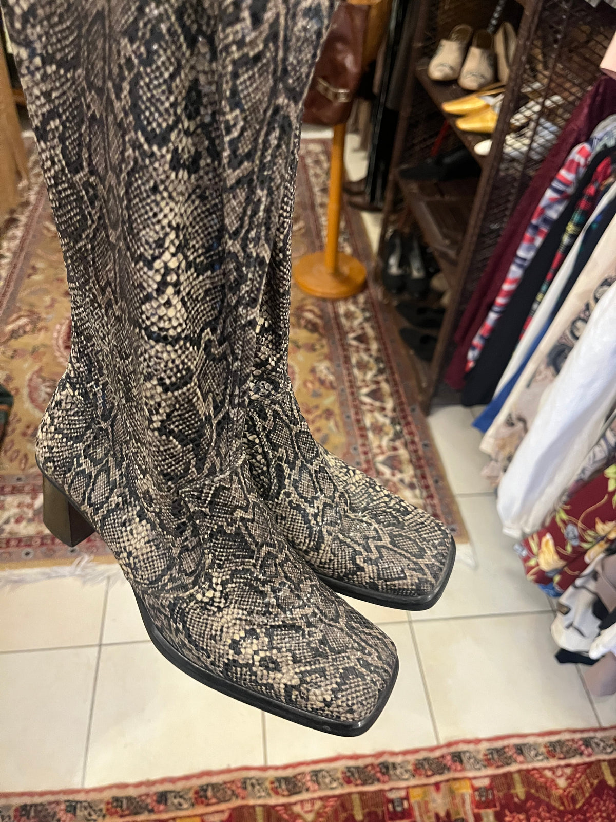 90s squared snake print boots