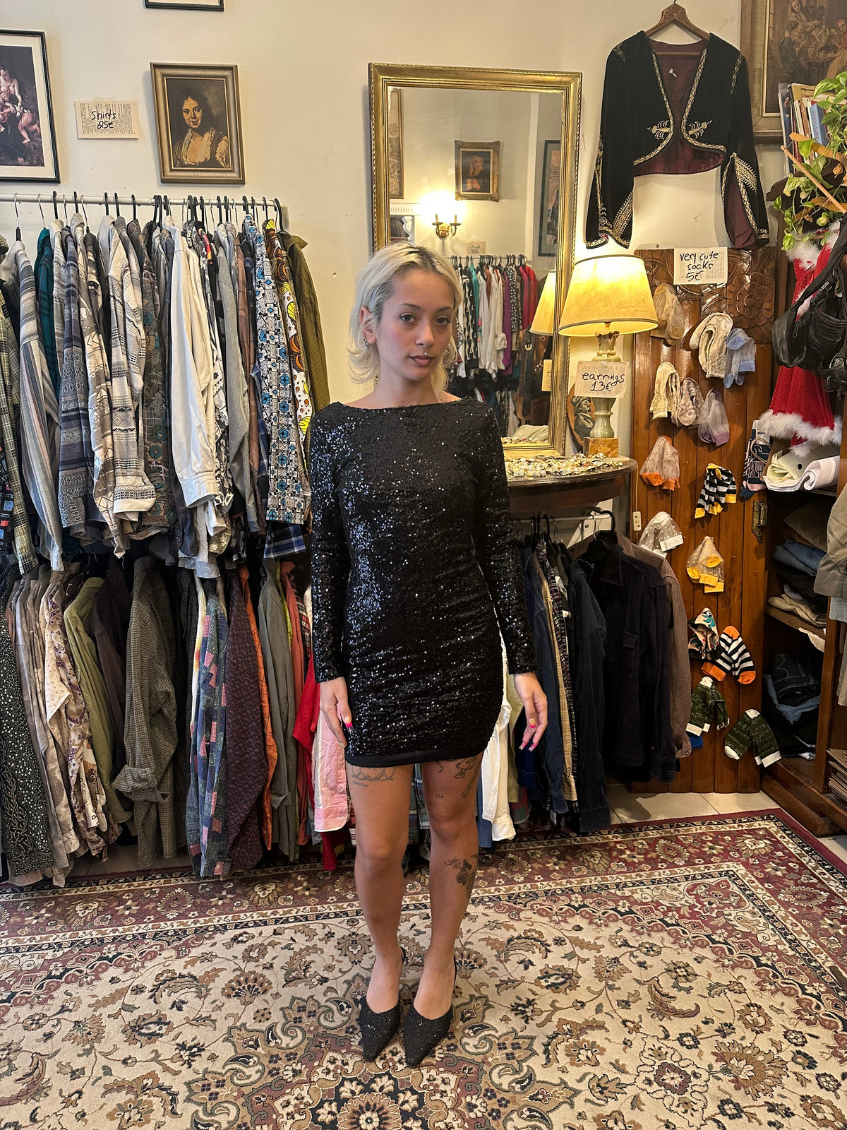 Vintage Black Glitter Mini Dress