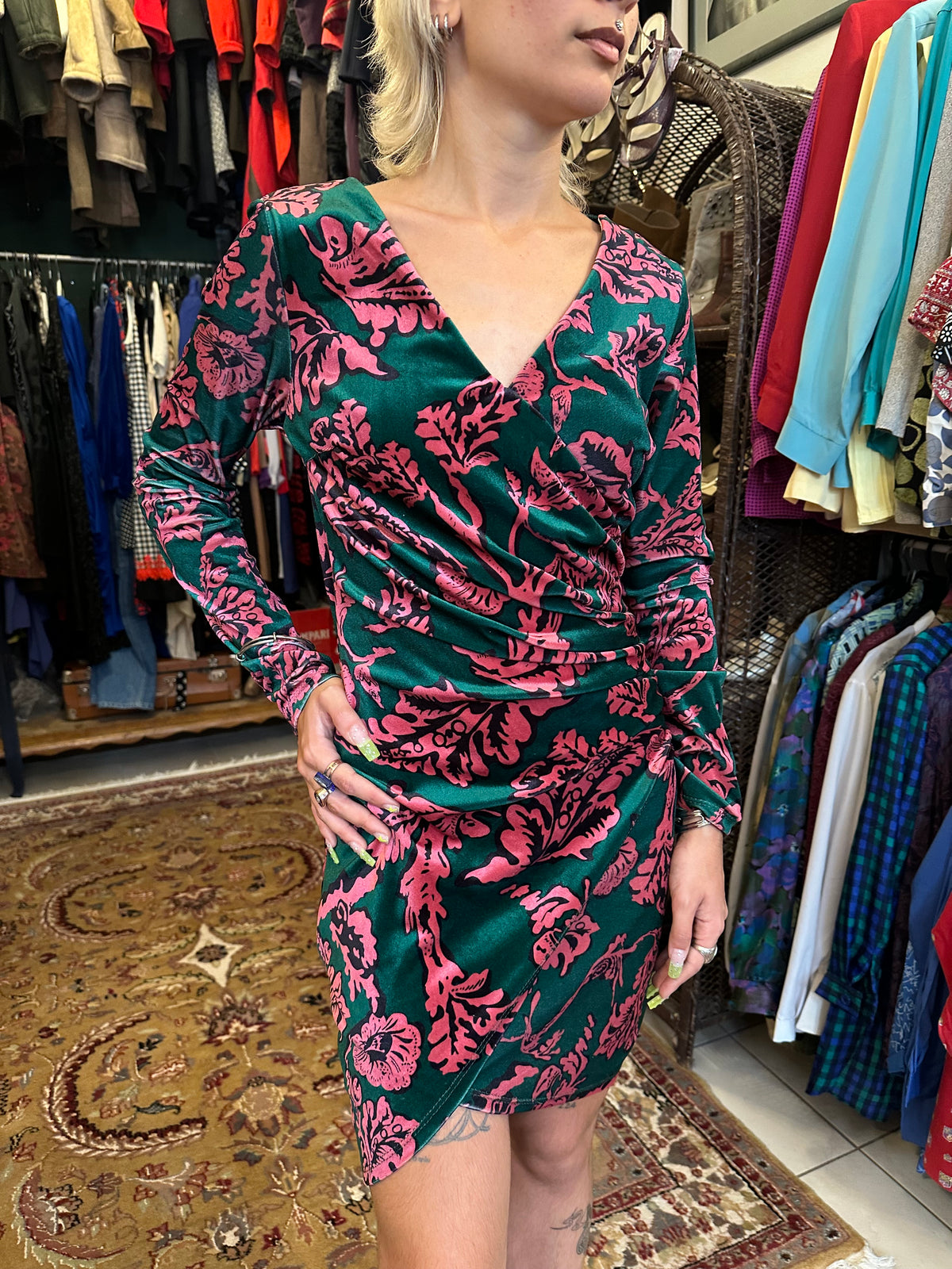 Vintage Floral Print Velvet Dress