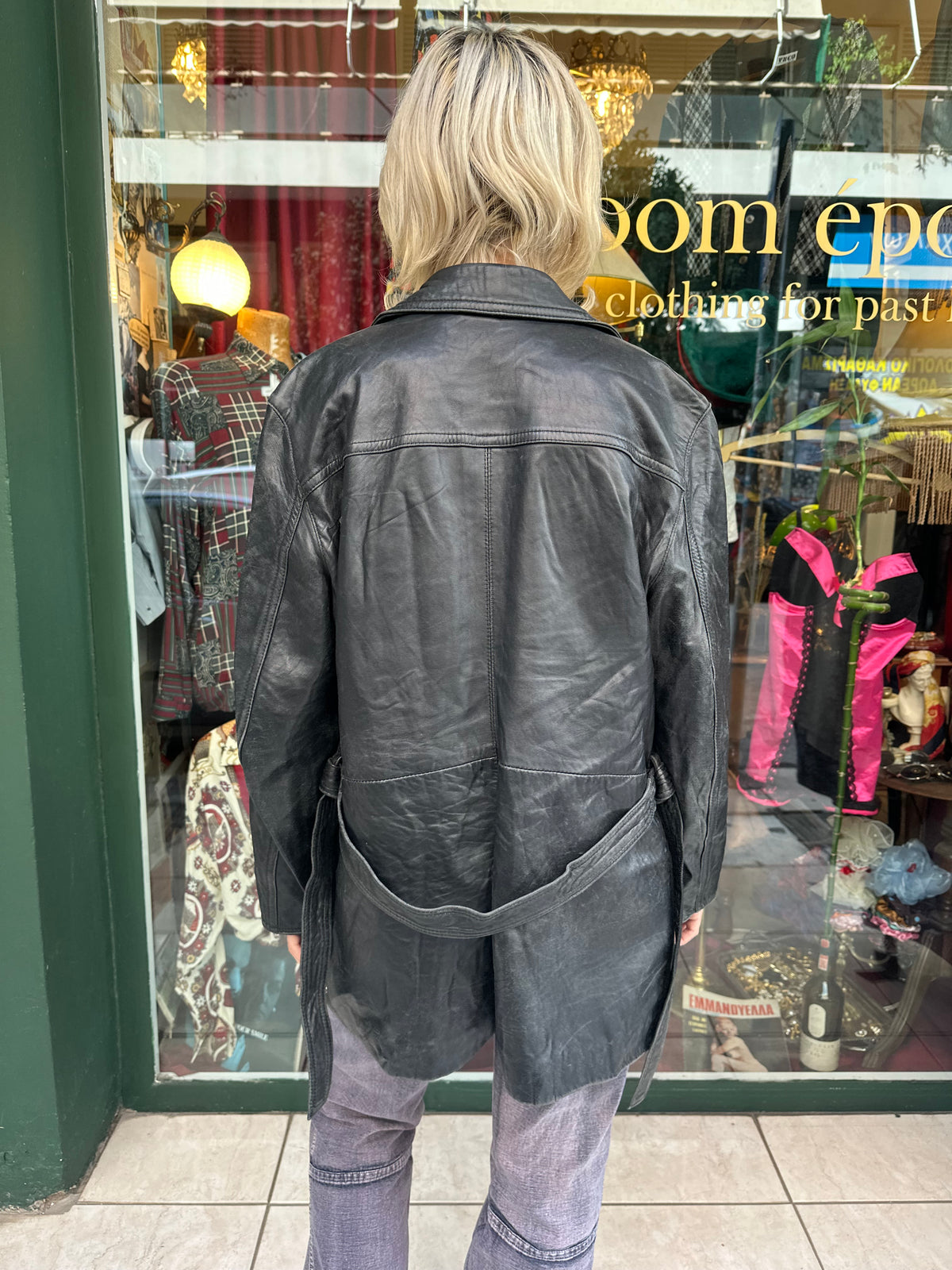 Black Vintage Leather Jacket with Belt