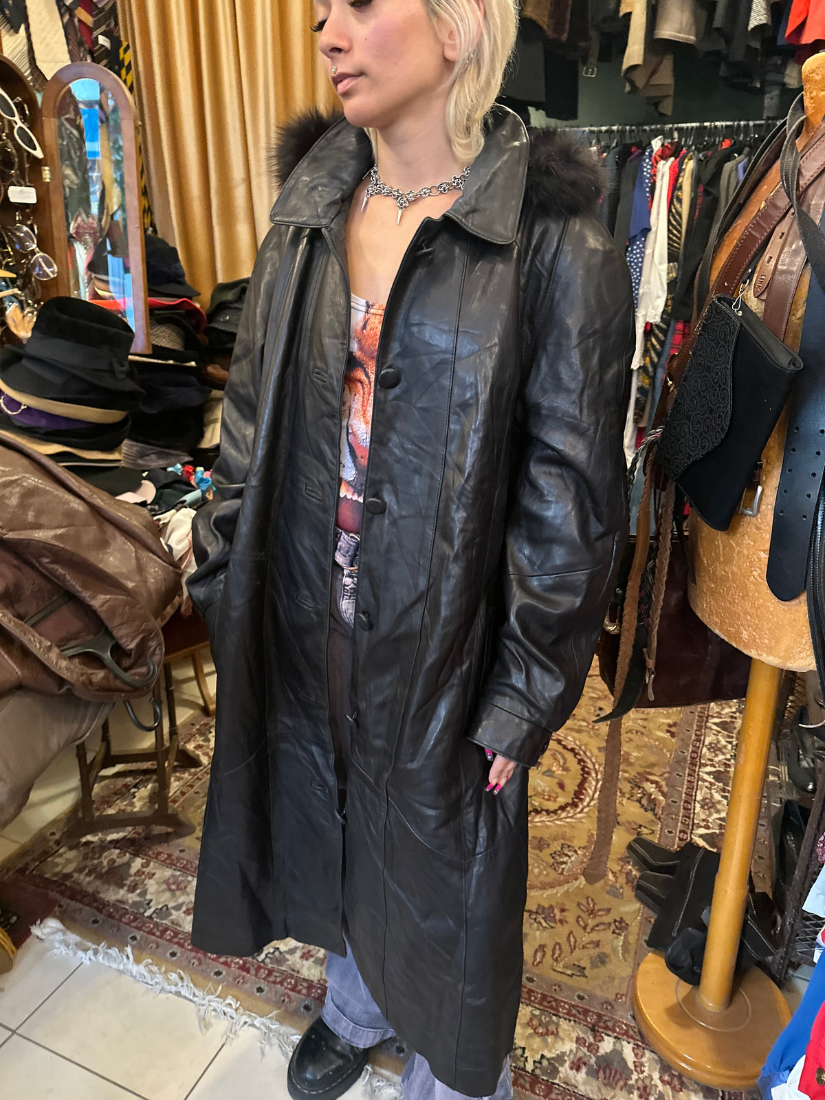 Black Long Fur Hood Leather Jacket