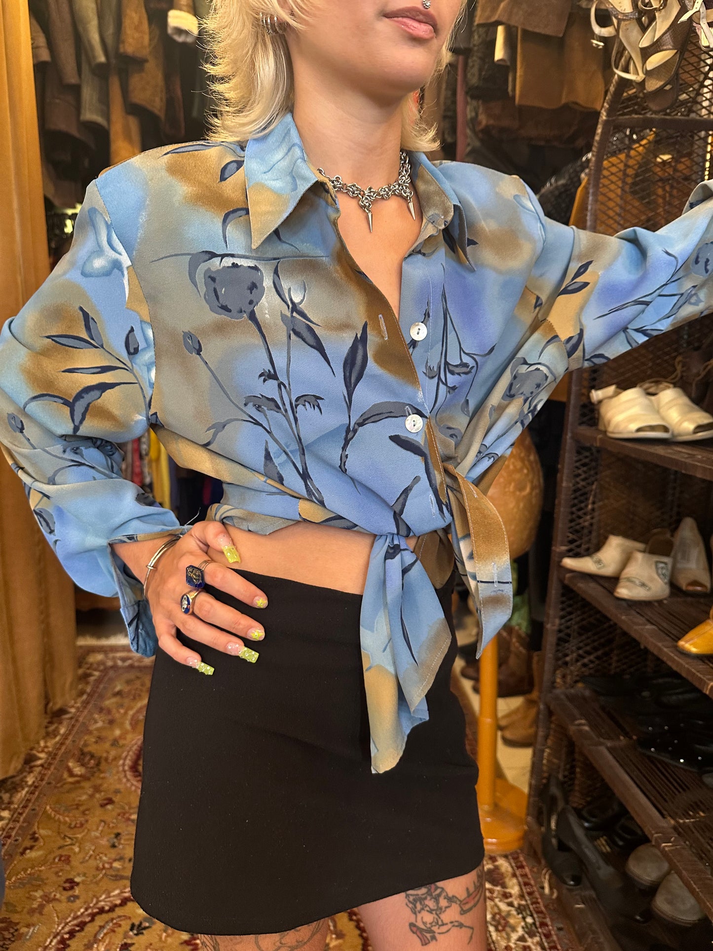 Vintage Floral Print Blue and Gold Shirt