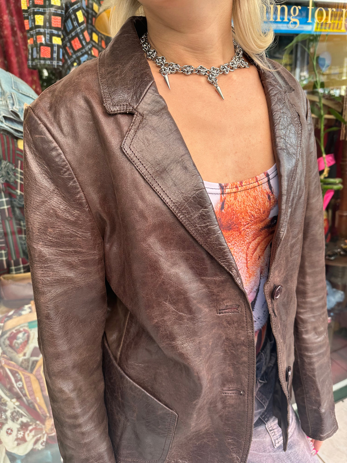 Leather brown button up blazer /jacket