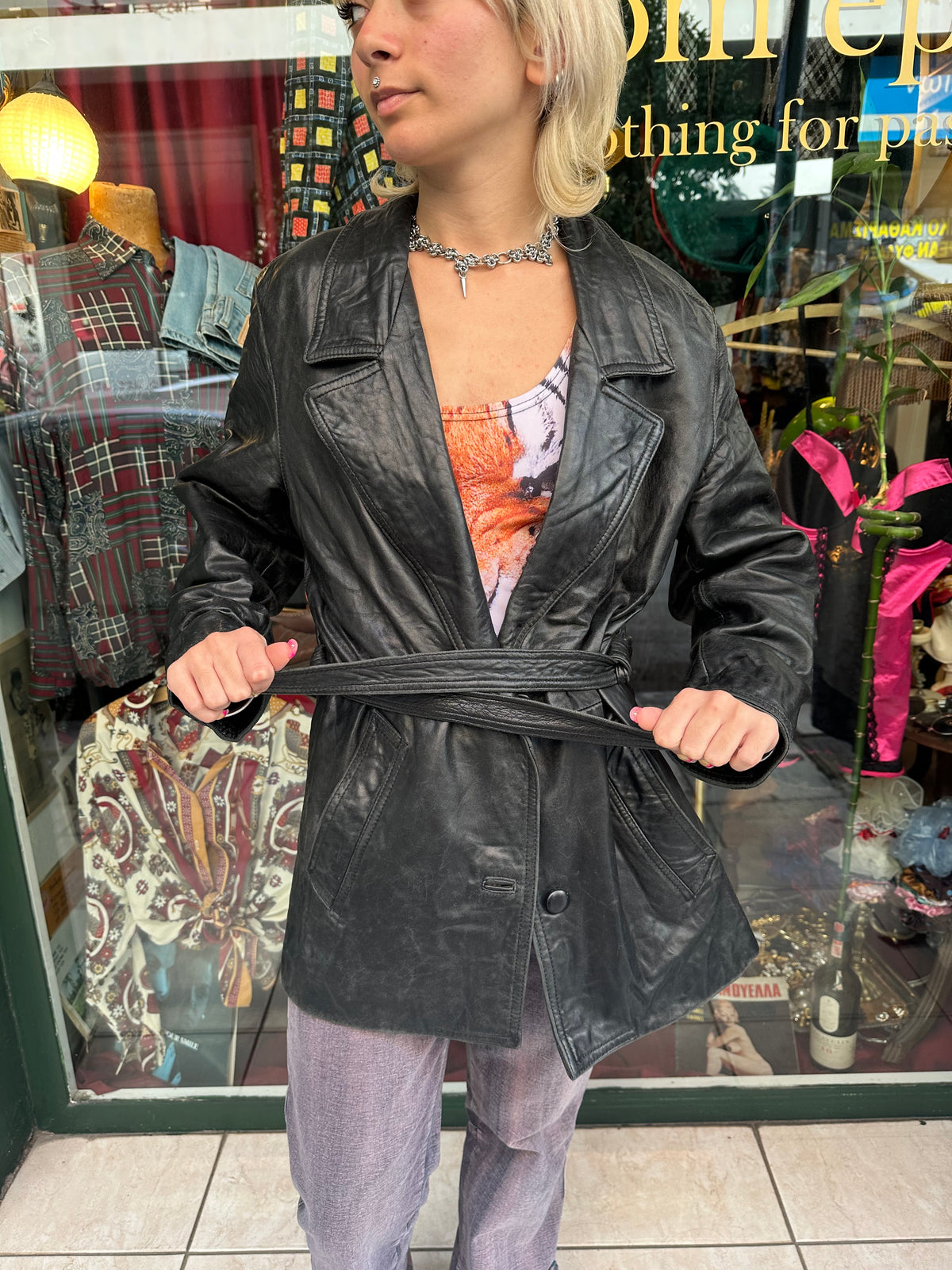Black Vintage Leather Jacket with Belt