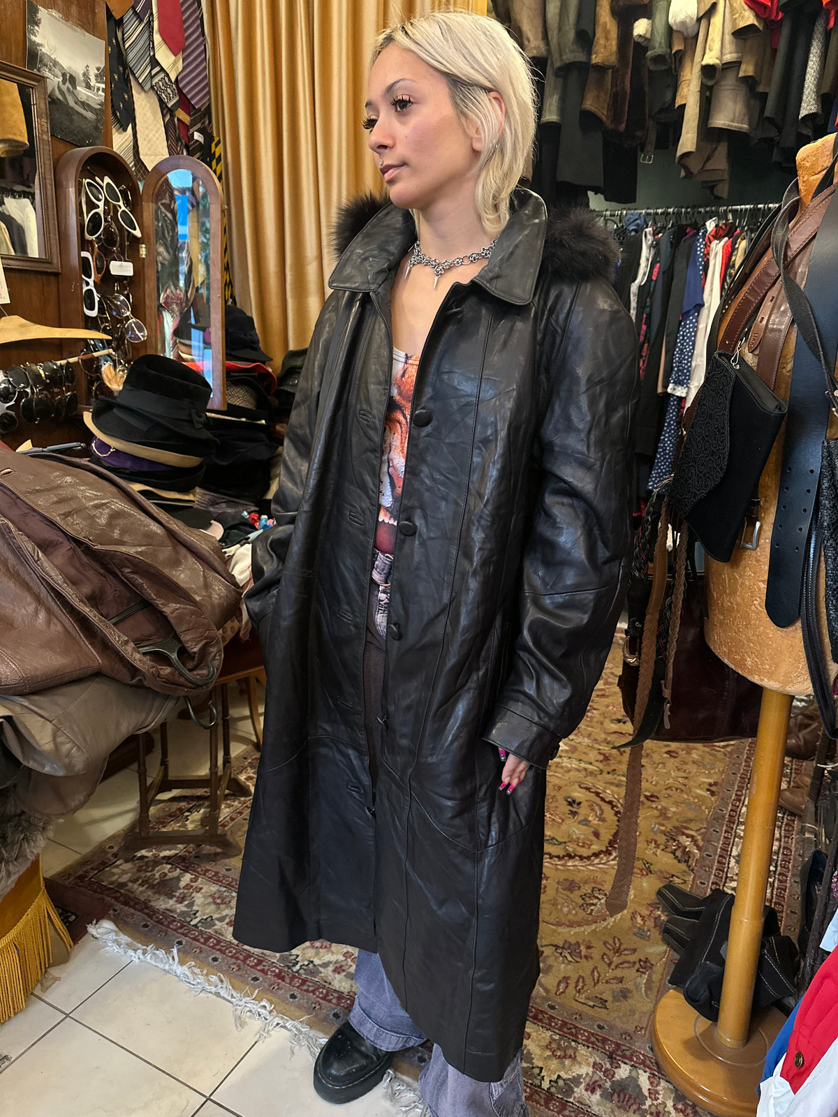 Black Long Fur Hood Leather Jacket