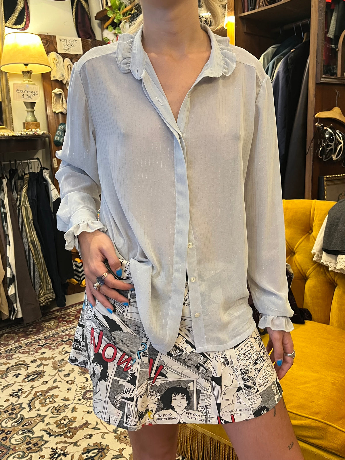Vintage Baby Blue Ruffle Collared Shirt
