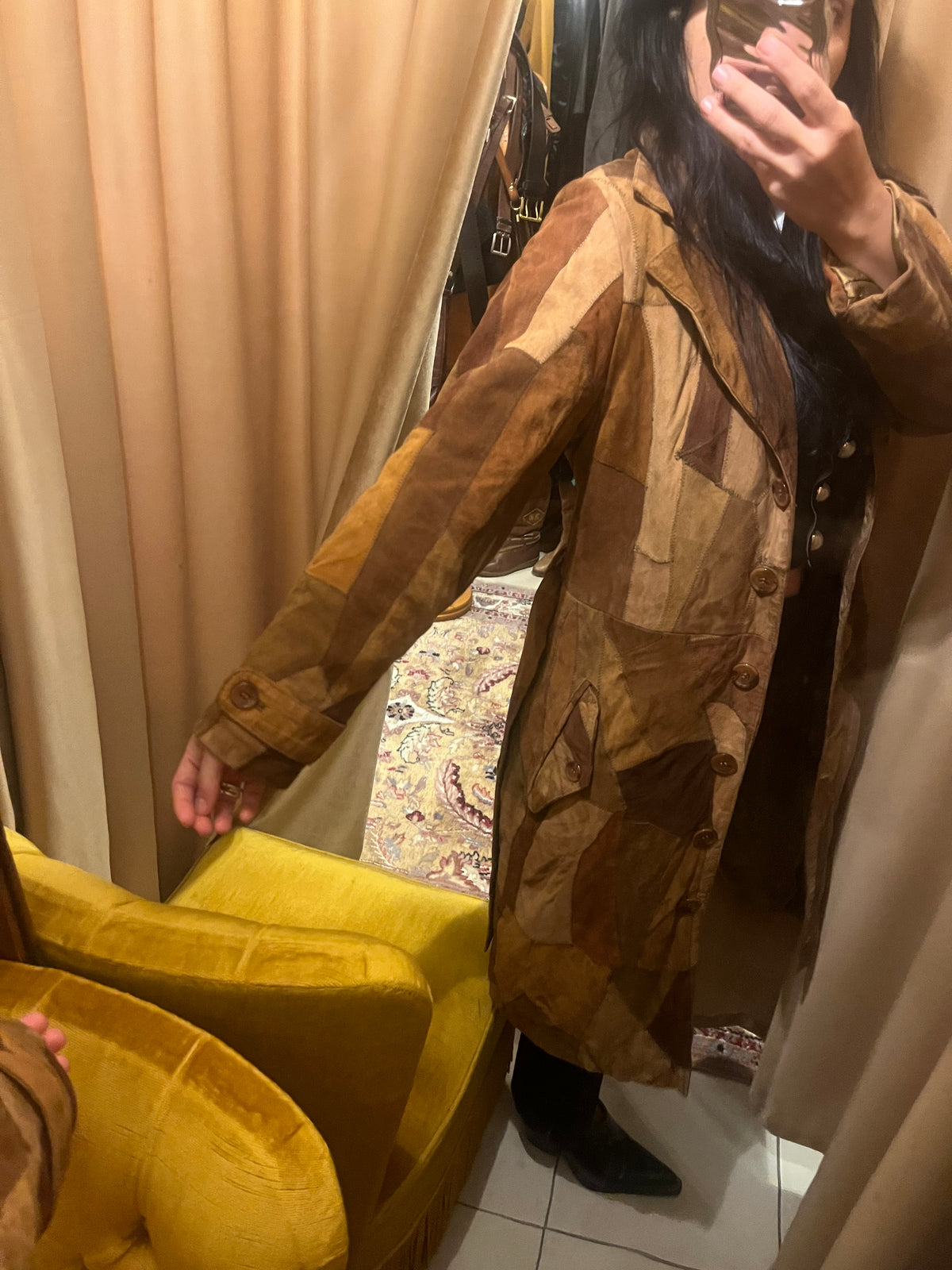 70s patchwork suede belted midi coat 
S/M