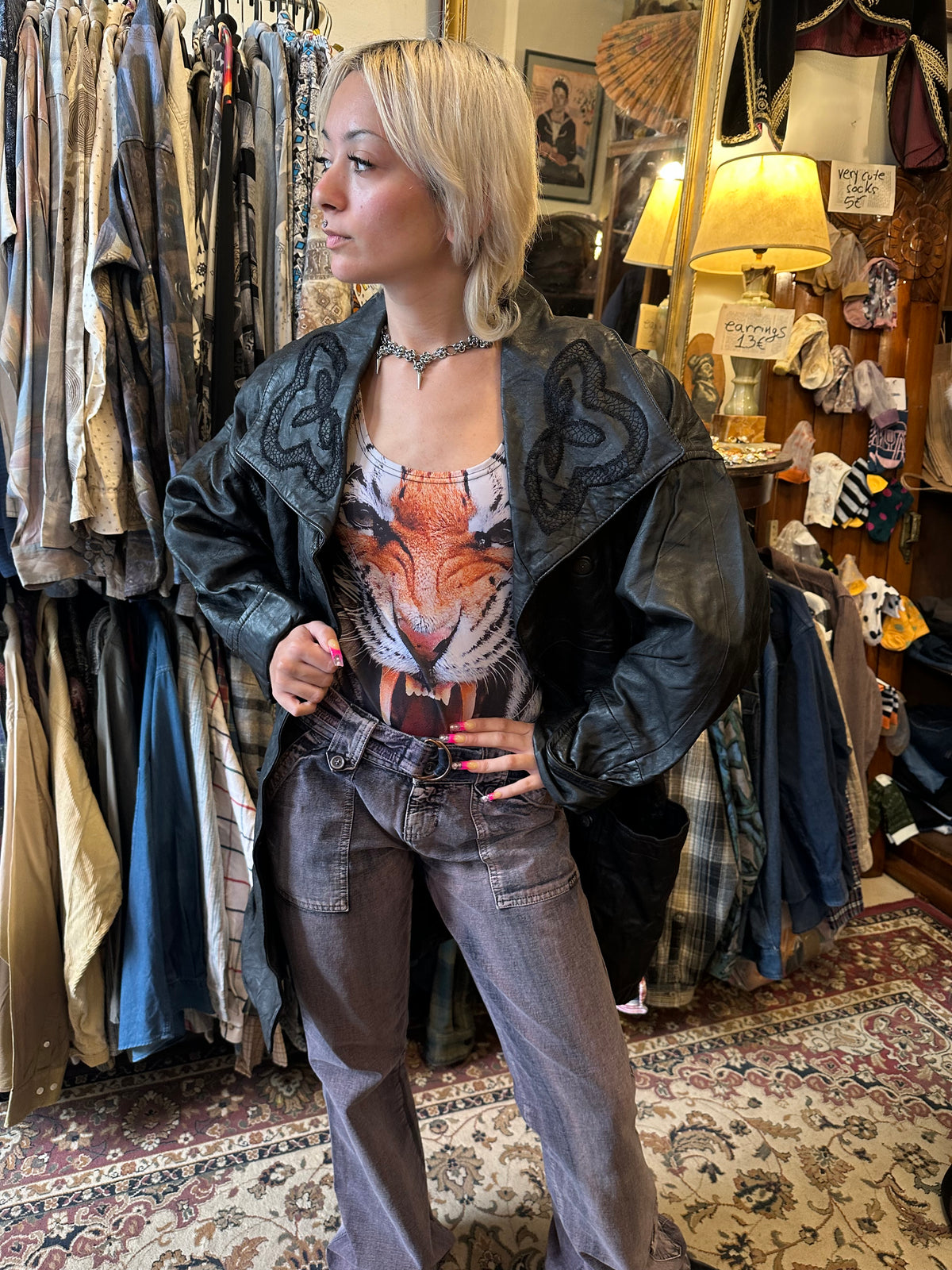 Vintage Black Leather Jacket with Flower Details