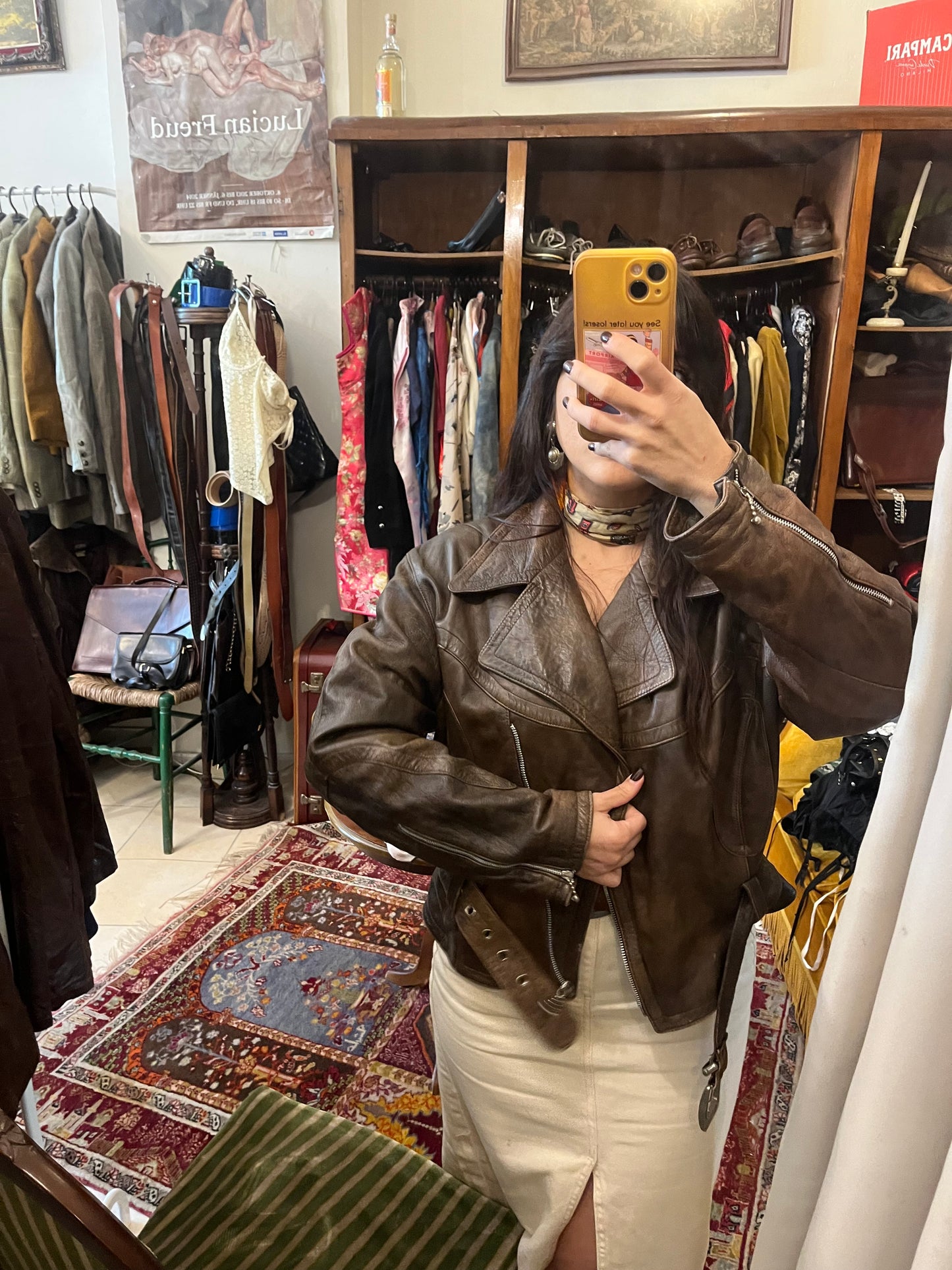 90s belted collared genuine leather jacket .Fits best S/M