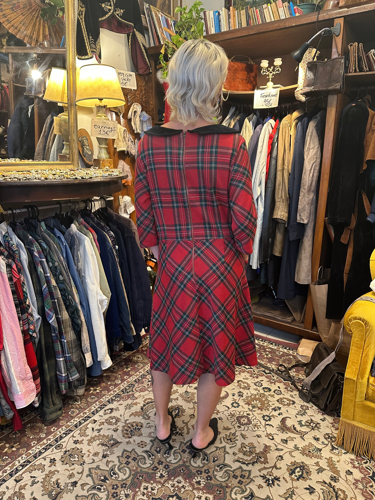 Red Plaid Dress with Black Collar
