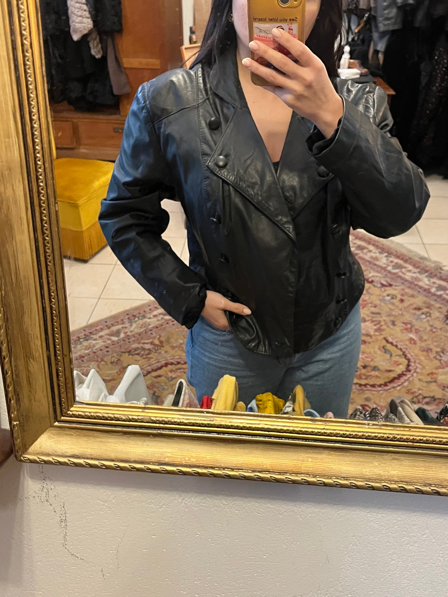 90s collared button up genuine leather jacket .Fits best M