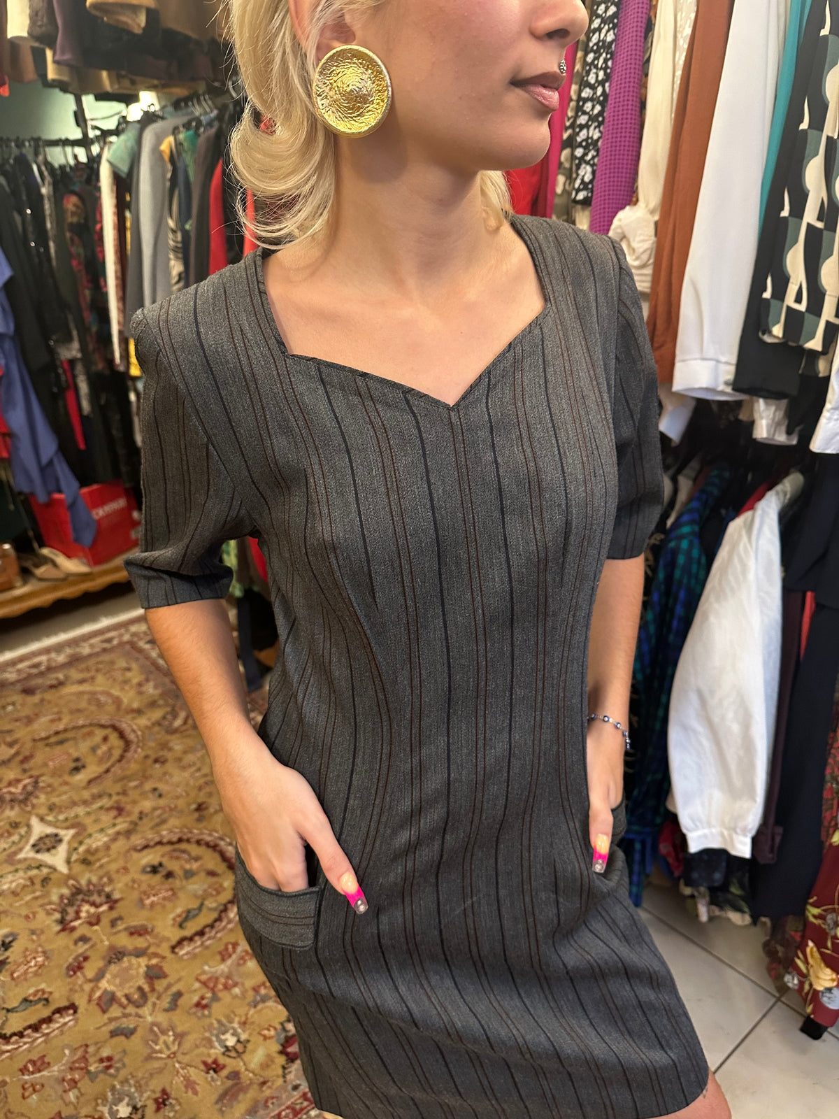 Grey Striped Vintage Dress with Pockets
