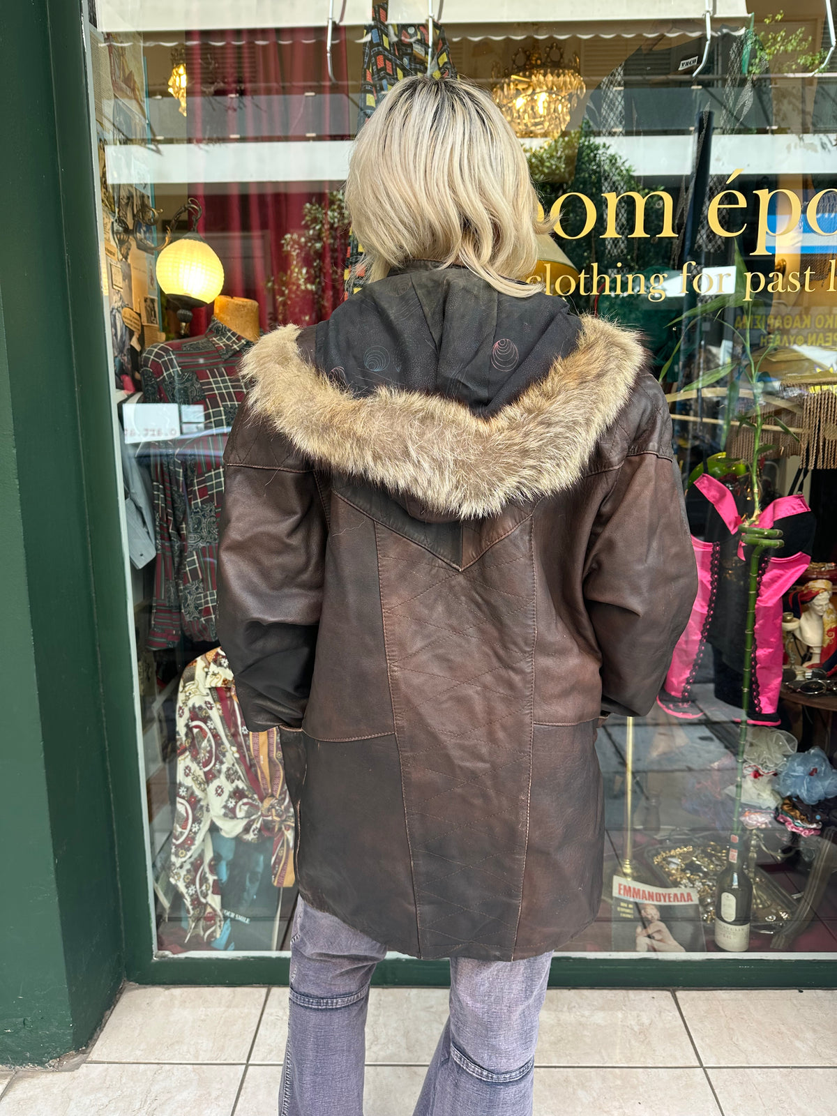 Vintage Brown Leather Jacket with Fur Hood