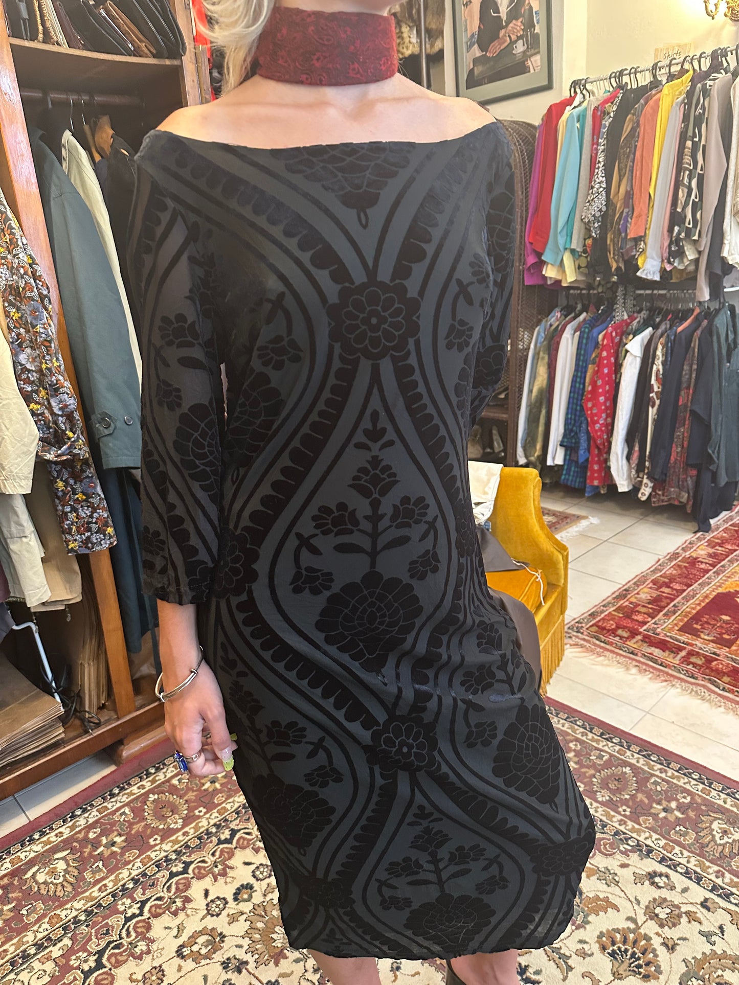 Vintage off shoulder patterned balck dress