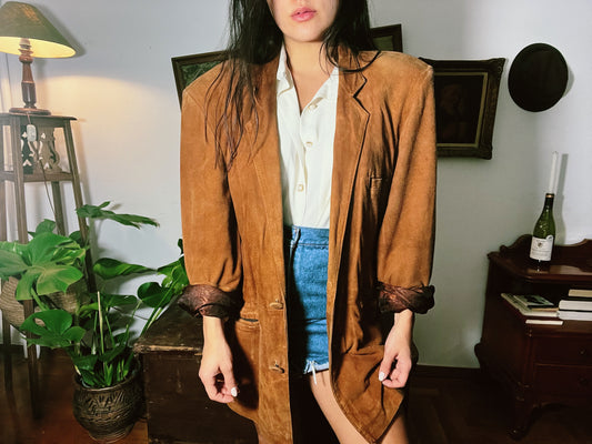 90s suede button up collared jacket with removable shoulder pads .Fits S -XL