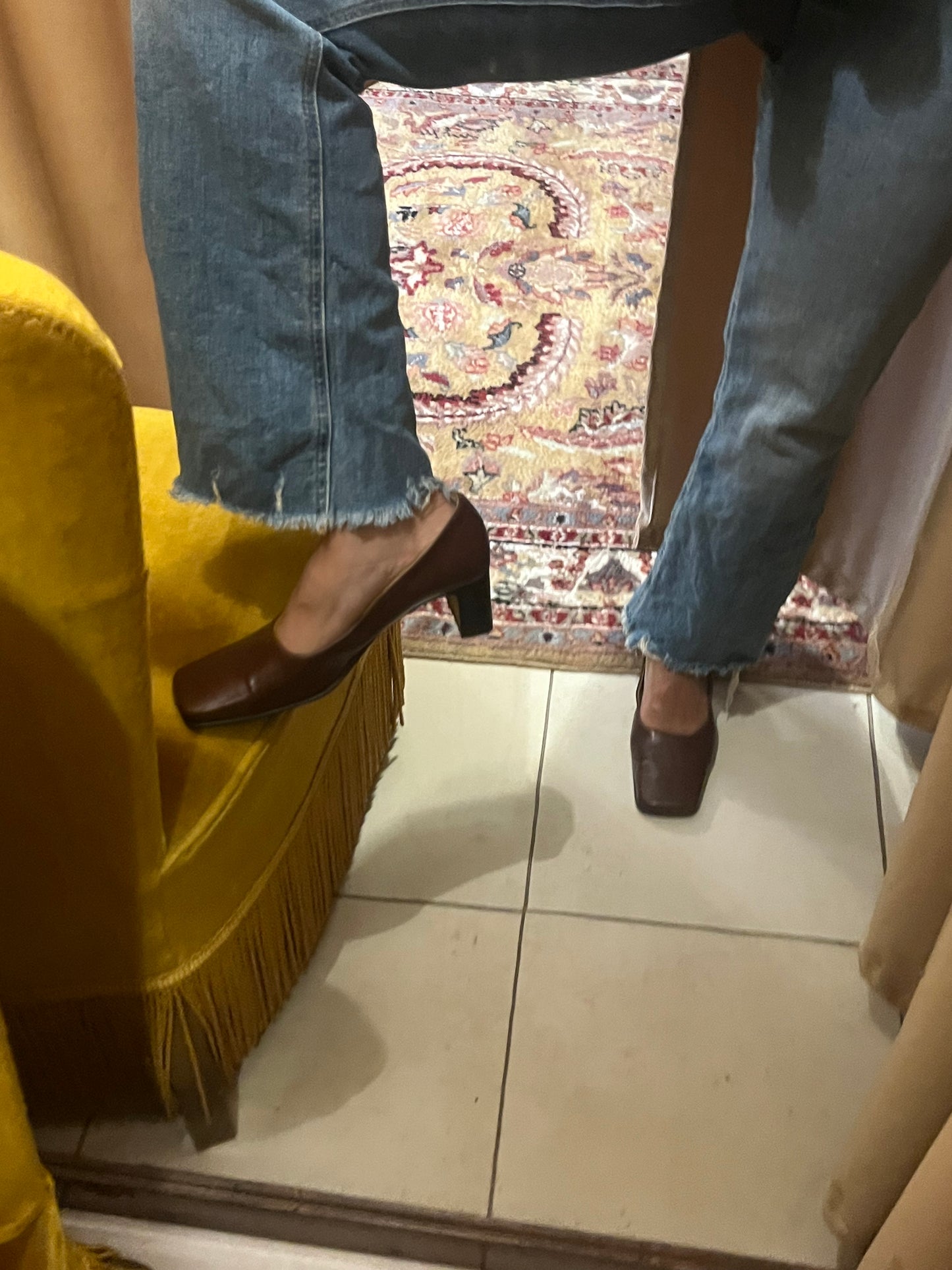 French style leather brown heeled everyday shoes