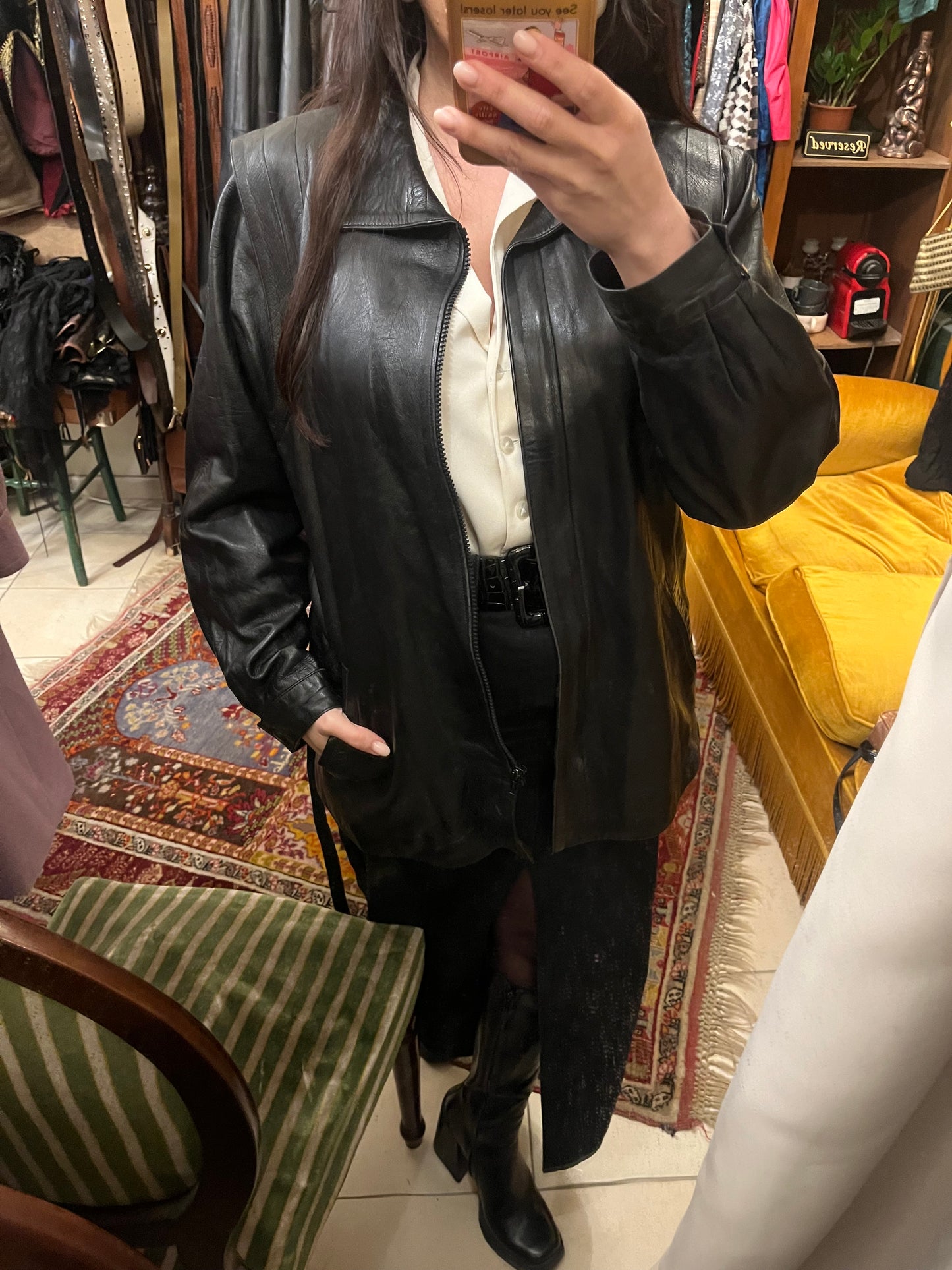 Vintage zip up belted genuine leather jacket .Fits best M