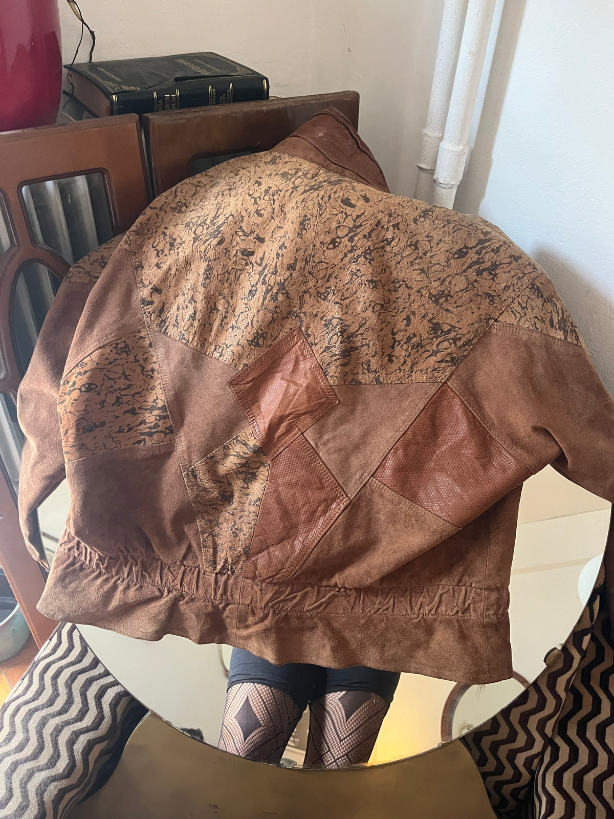 90s patterned zip up suede  jacket .