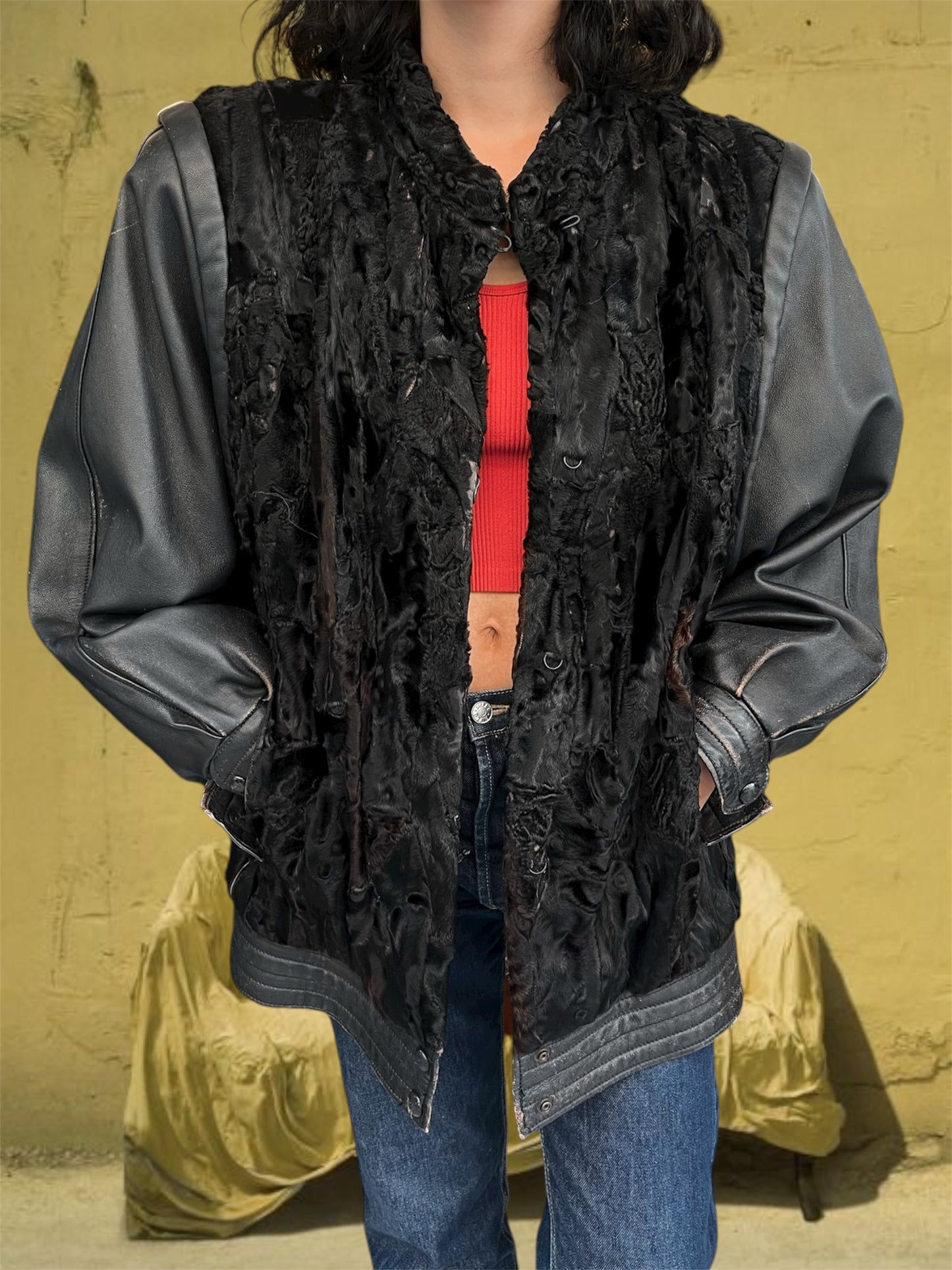 Vintage leather jacket with real fur