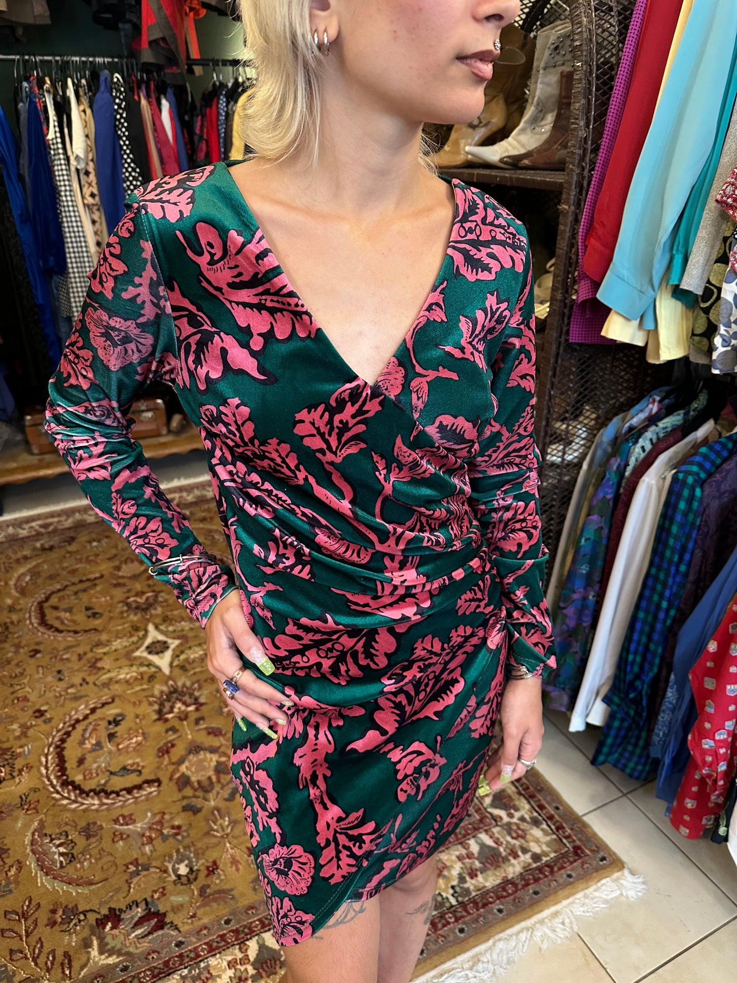 Vintage Floral Print Velvet Dress