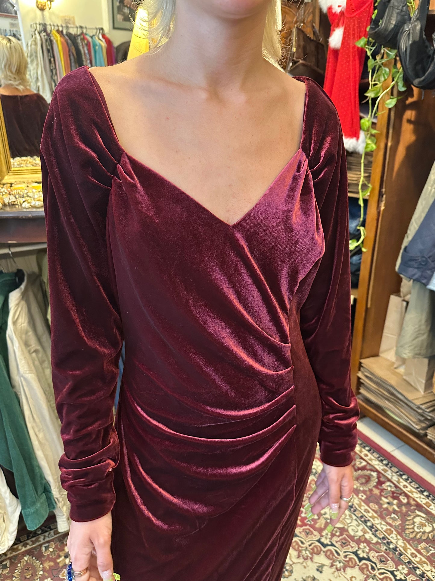 Vintage Midi Wine Red Velvet Dress