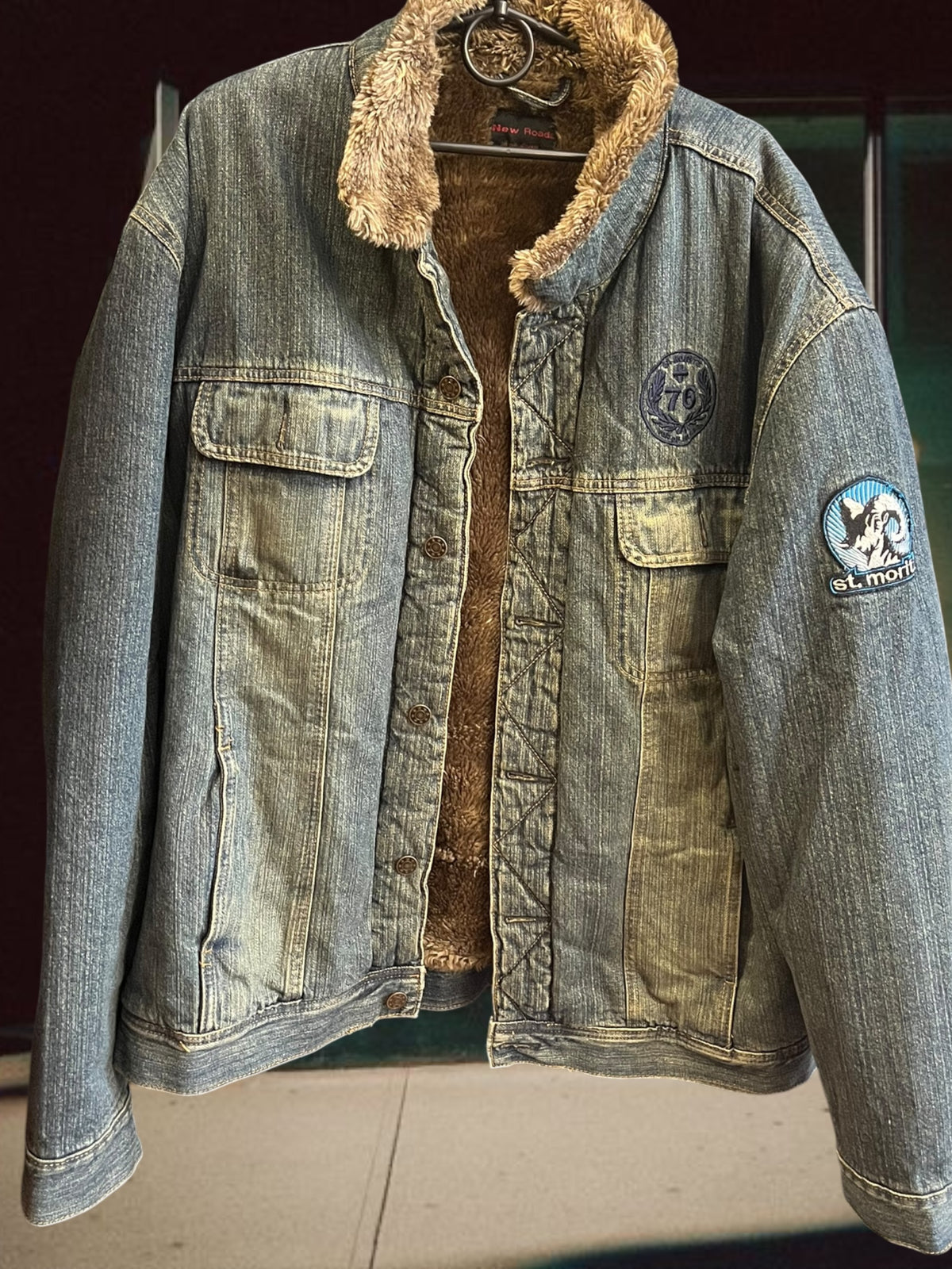 90s denim jacket with eco fur lining (super warm )
