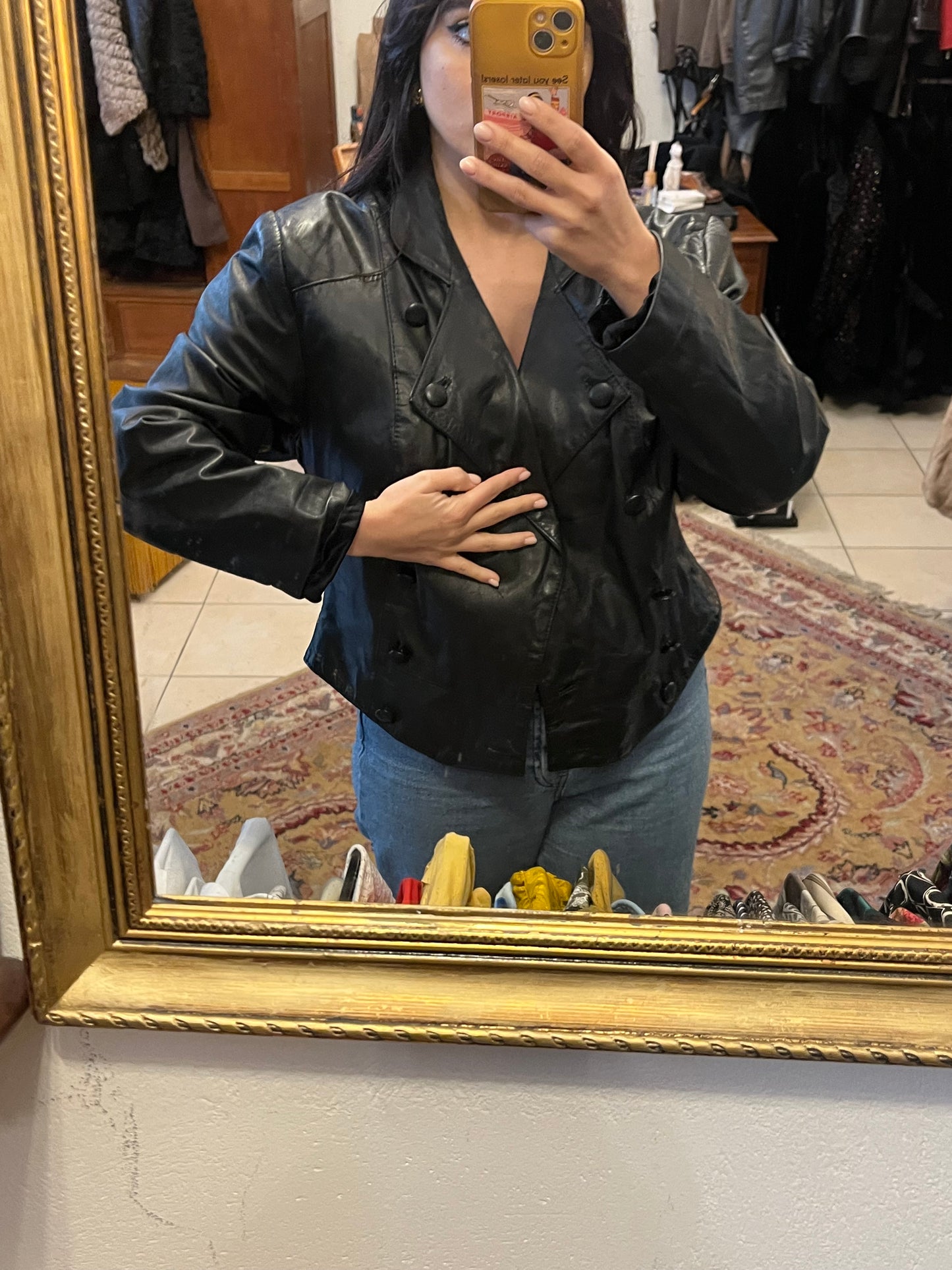 90s collared button up genuine leather jacket .Fits best M