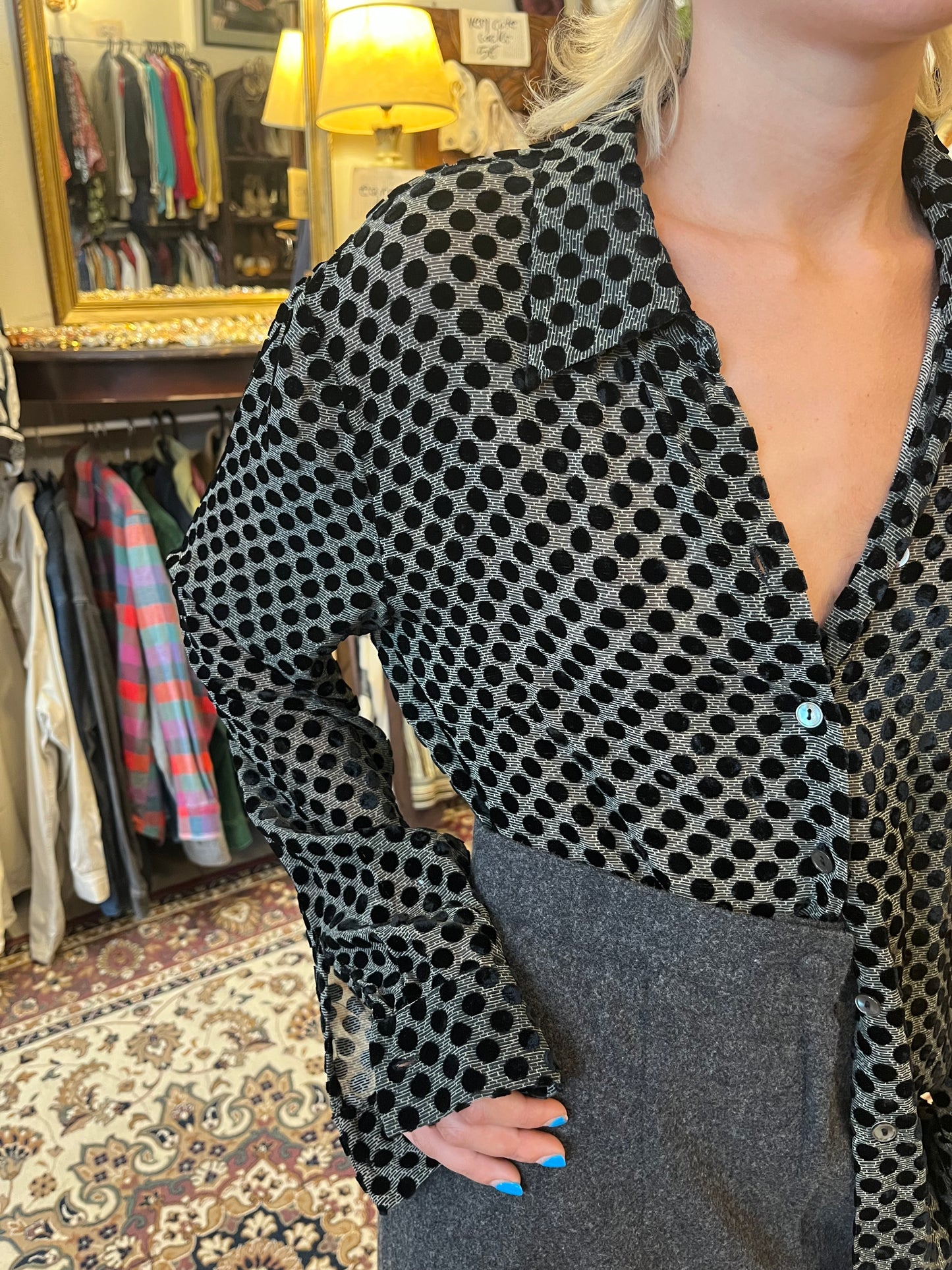 Vintage button up see through polka dot shirt