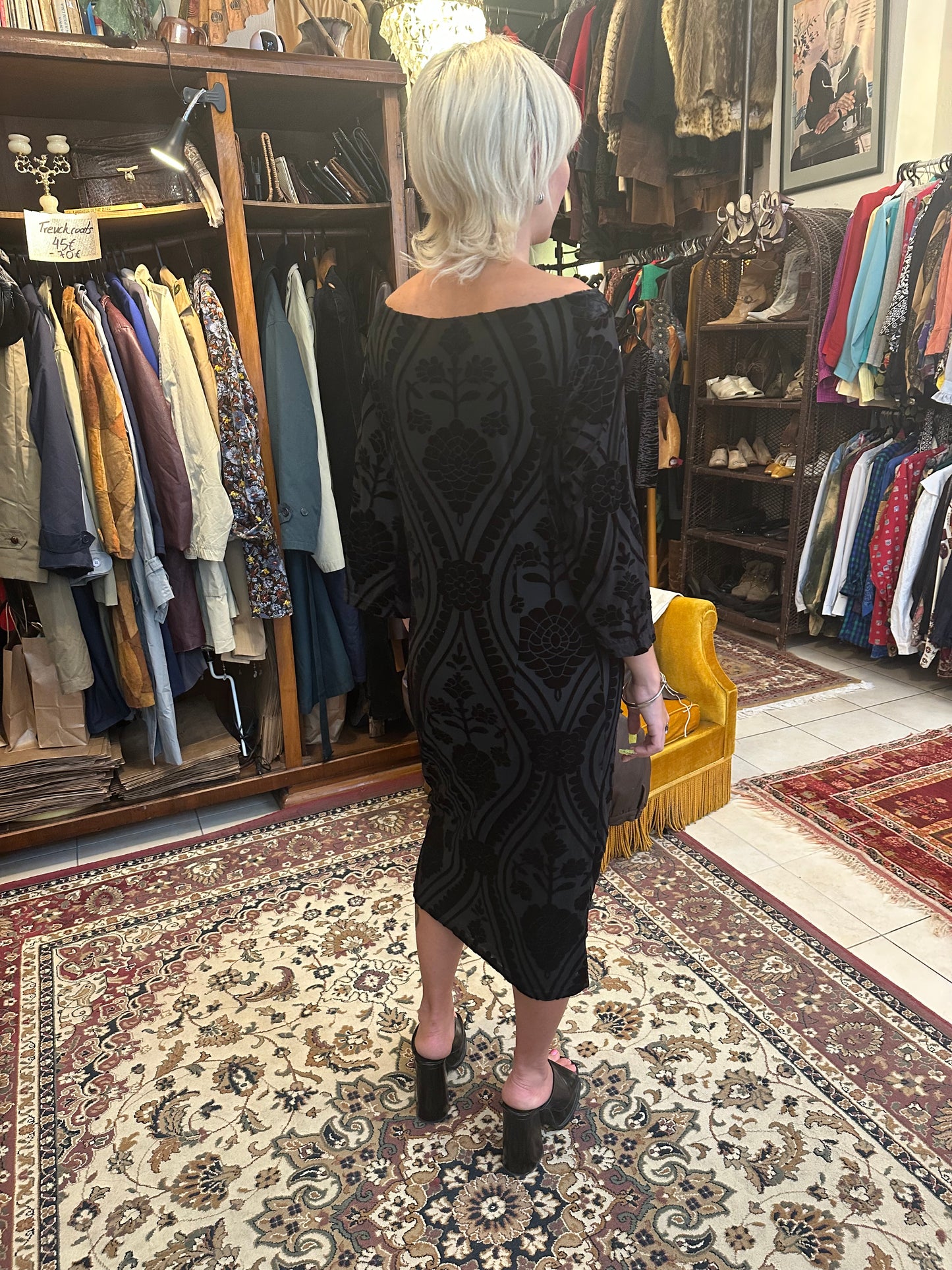 Vintage off shoulder patterned balck dress
