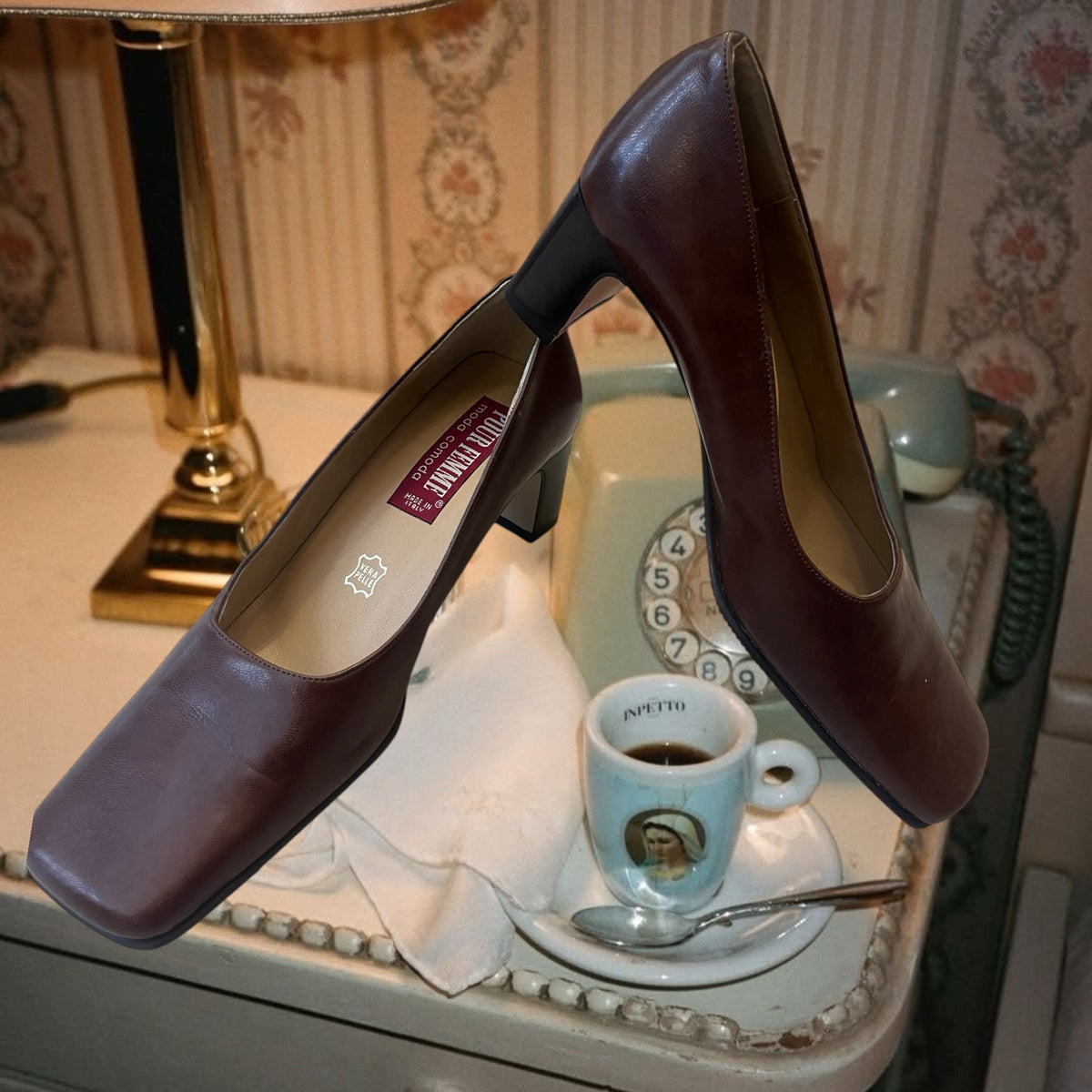 French style leather brown heeled everyday shoes