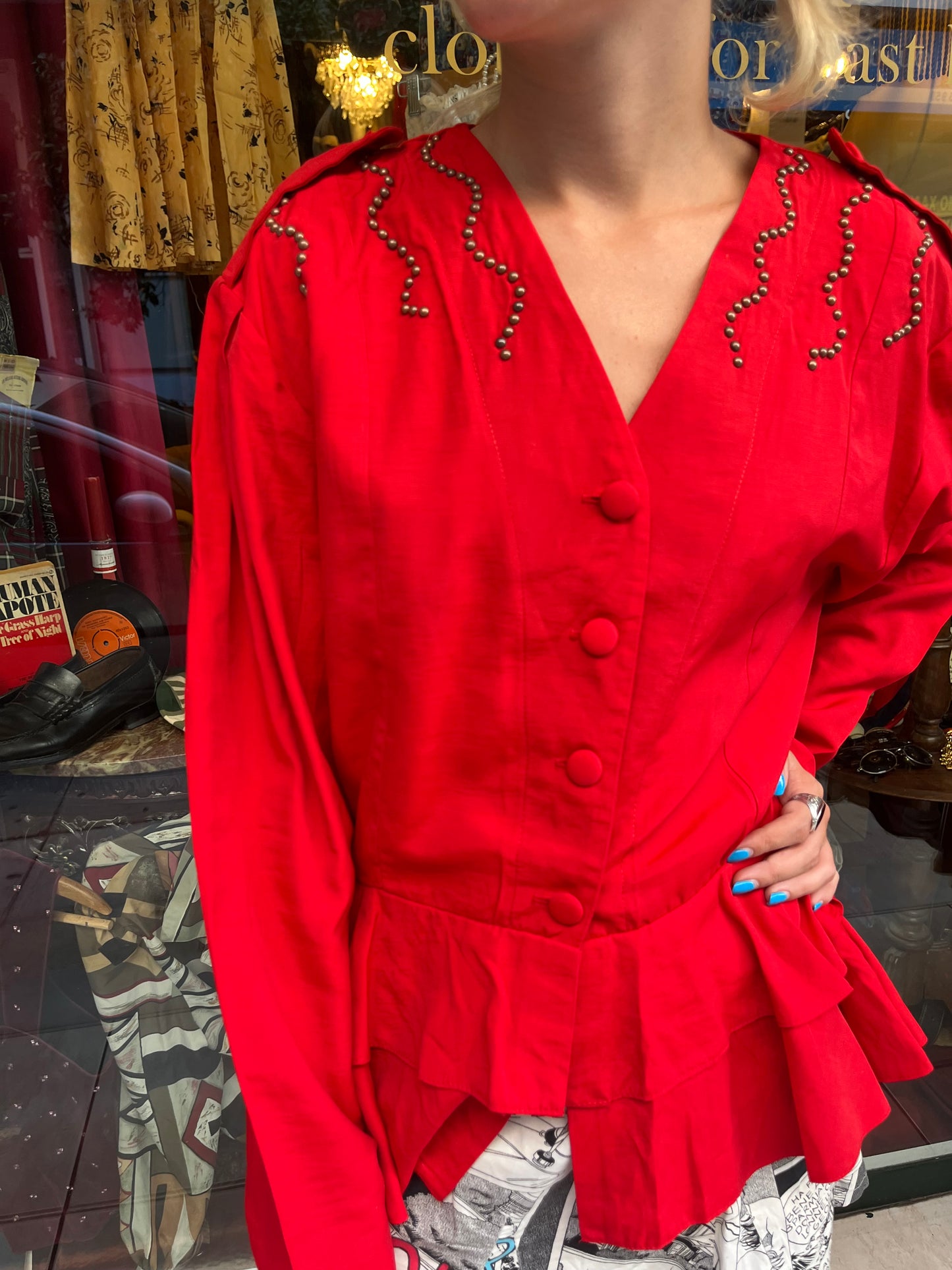 Bright Red Vintage Shirt Ruffle Hem